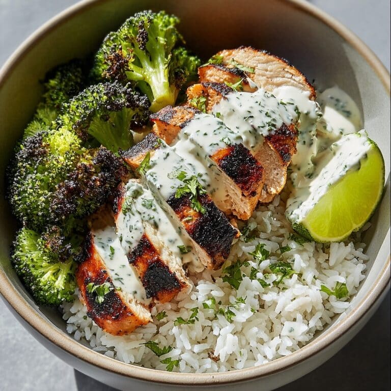 Grilled Chicken & Broccoli Bowls with Creamy Garlic Sauce Recipe