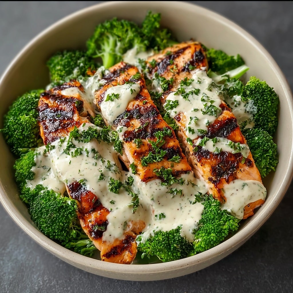 Grilled Chicken & Broccoli Bowls with Creamy Garlic Sauce Recipe - Recipe Image