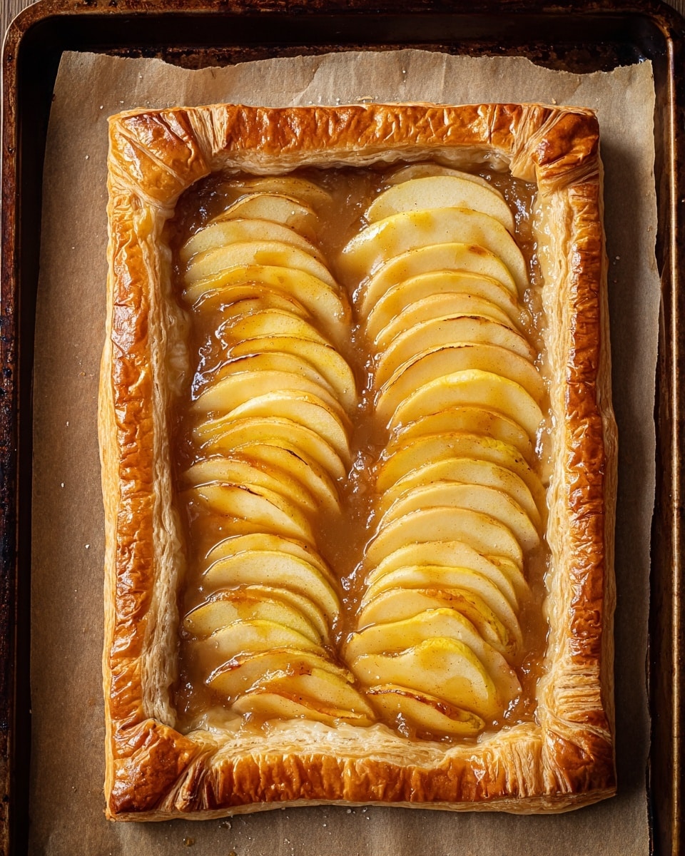 A square tart sits centered on a baking tray lined with parchment paper, against a white marbled background. The tart has a thick, golden brown puff pastry crust that is puffy and layered, with visible flaky textures. Inside the crust, thin slices of light yellow-green pears are neatly arranged in two curved rows, slightly overlapping each other, covering the surface. The pears are glossy with a shiny glaze and are sprinkled with small black vanilla seeds. The tray edges are darkened from baking, contrasting with the soft golden tones of the tart. photo taken with an iphone --ar 4:5 --v 7