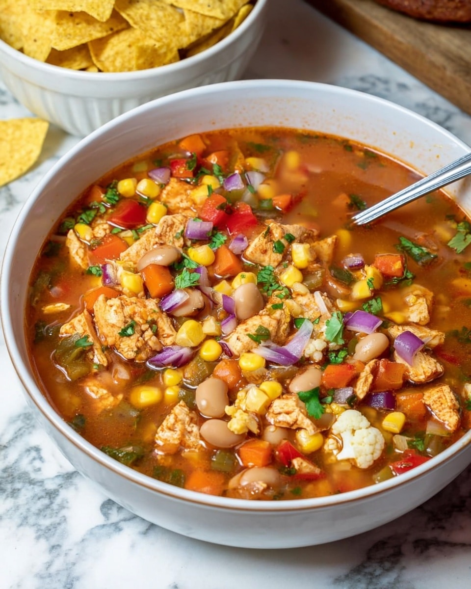The image shows a white round dish filled with a thick soup that has many colorful ingredients in layers. The base layer is a reddish-brown broth, mixed with pieces of cooked chicken that are light brown and slightly charred. Scattered throughout are yellow corn kernels, light brown beans, small white cauliflower florets, and bright orange carrot cubes. There are also small bits of red bell peppers, some green leafy herbs, and finely chopped purple onions spread evenly, adding pops of color and texture. A silver spoon is partially submerged in the soup on the right side. In the background, there is a white bowl filled with yellow tortilla chips, placed on a white marbled surface. Photo taken with an iphone --ar 4:5 --v 7