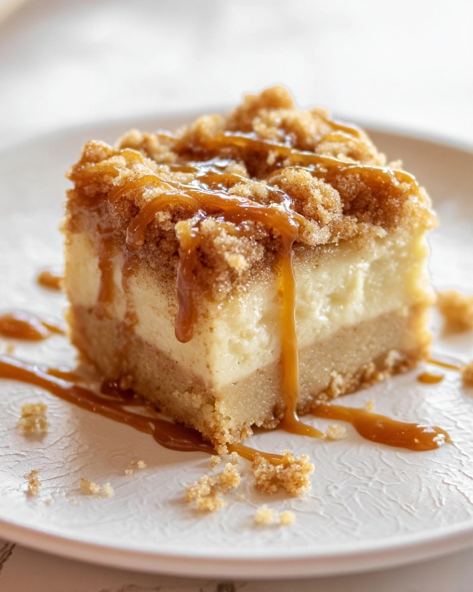 This image shows a single square piece of crumb cake on a white plate with a white marbled texture surface. The cake has three distinct layers: a light golden brown base layer with a soft texture, a middle creamy beige layer that looks smooth and dense, and a top crumb layer made of coarse golden crumbs. Drizzled over the crumb topping is a shiny caramel sauce dripping slightly down the sides. Some small cake crumbs are scattered around the plate, adding texture to the look. Photo taken with an iphone --ar 4:5 --v 7