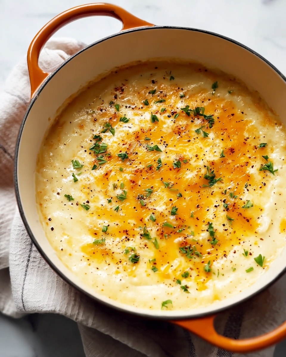 The image shows a creamy, thick mixture in one layer inside a white enamel pot with an orange handle and rim. The surface of the mixture is light yellow with melted orange cheese drizzled on top. Small green parsley leaves are sprinkled evenly over the cheese, with tiny black pepper dots scattered across for seasoning. The pot rests on a cloth placed on a white marbled surface. photo taken with an iphone --ar 4:5 --v 7