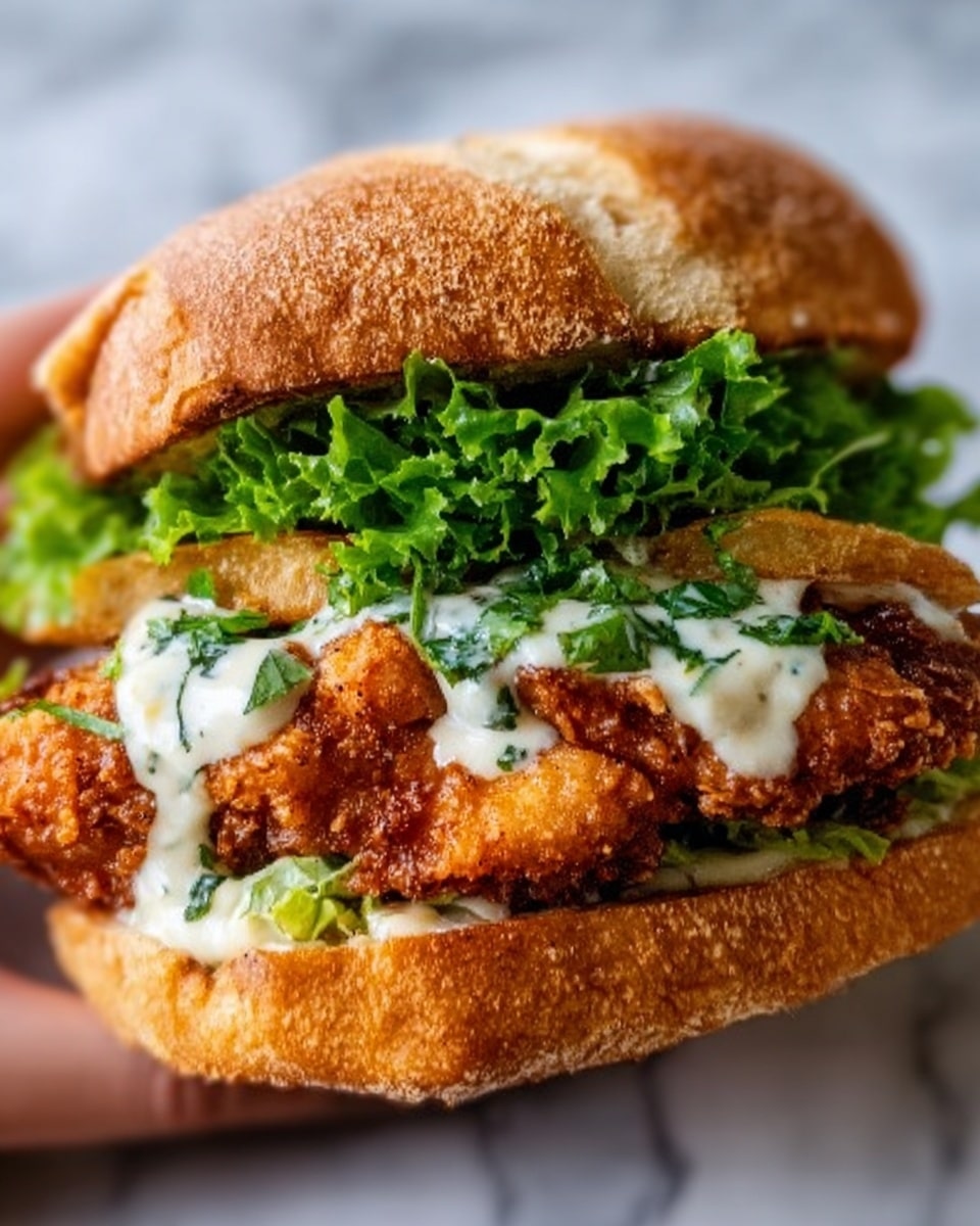 A close-up image of a sandwich with a thick, crispy fried chicken fillet as the main layer, its golden-brown crust showing a crunchy texture. On top of the chicken is a layer of fresh green lettuce, slightly wet with creamy white sauce drizzled over it, some sauce also visible on the bottom layer beneath the chicken. The sandwich is held by a woman's hand on the left side, and the sandwich bun is a light brown, crusty bread with a rough surface. The background is a white marbled texture. photo taken with an iphone --ar 4:5 --v 7
