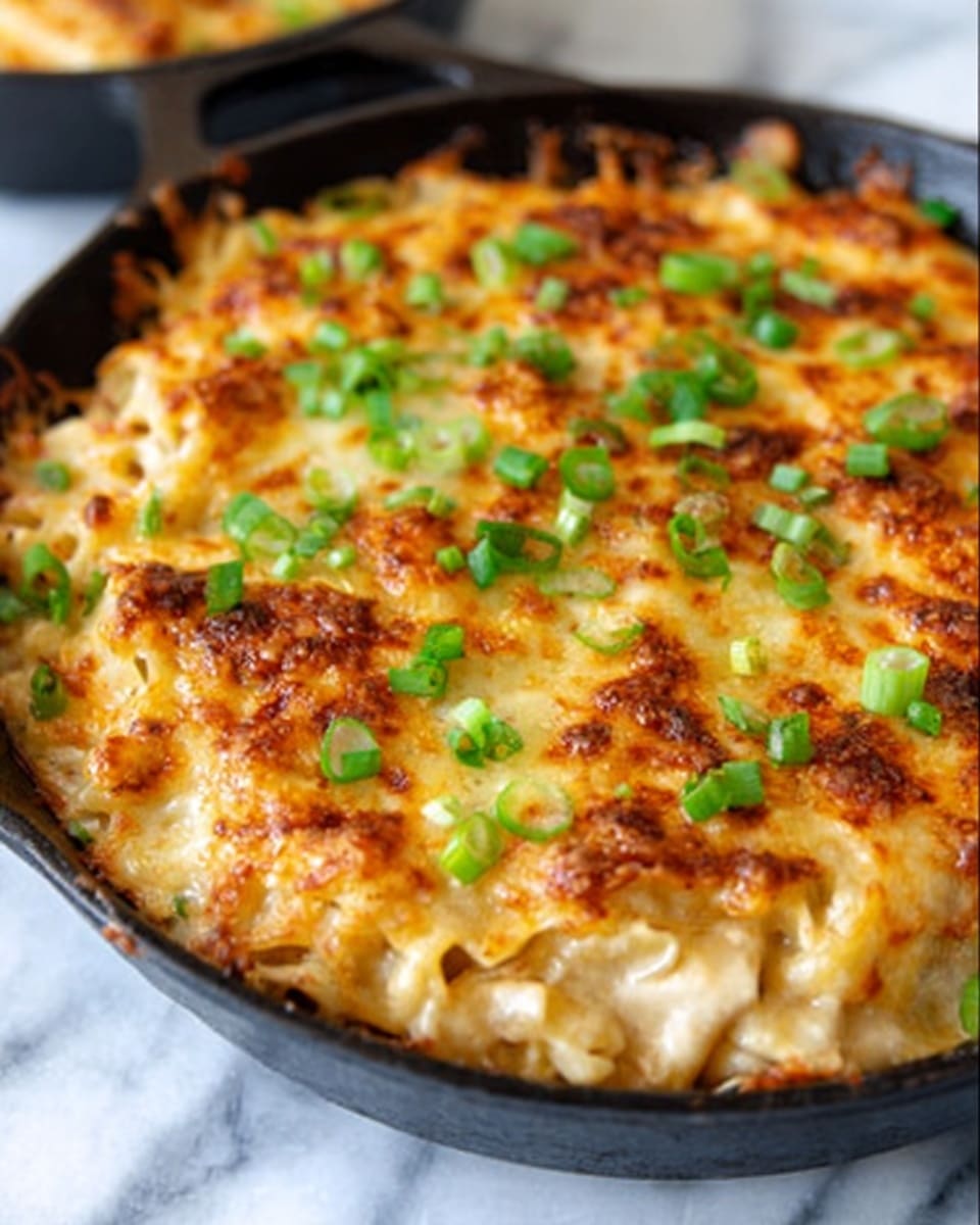 The image shows a close-up view of a round black cast iron skillet filled with a baked dish that has three visible layers: a golden-brown, bubbly cheese layer on top with slight crispy spots, a creamy beige sauce layer underneath peeking through the cheese, and a mixed layer of pasta that appears soft and coated in the sauce beneath that. The dish is garnished with bright green chopped scallions scattered over the top, adding a fresh color contrast. The skillet sits on a white marbled surface. Photo taken with an iphone --ar 4:5 --v 7