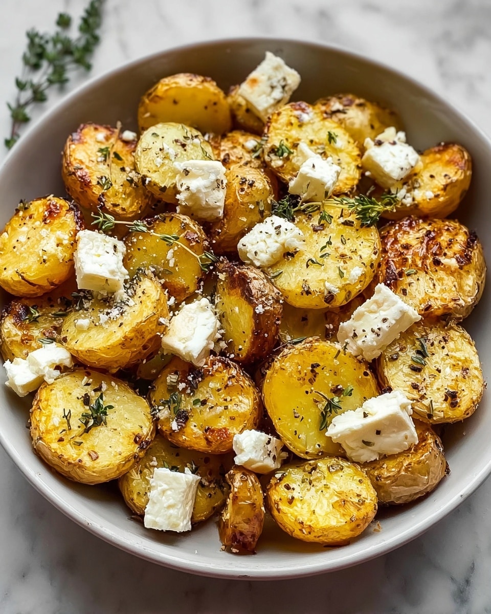 A bowl filled with one layer of roasted small potato halves, golden-brown and crispy on the edges, with a soft yellow inside visible. On top of the potatoes are scattered small white cubes of soft cheese, slightly melted. Sprigs of fresh green thyme are placed evenly over the potatoes and cheese. The dish is finished with a light sprinkle of dried herbs and cracked black pepper, adding texture and color contrast. The bowl is white, set on a white marbled surface. photo taken with an iphone --ar 4:5 --v 7