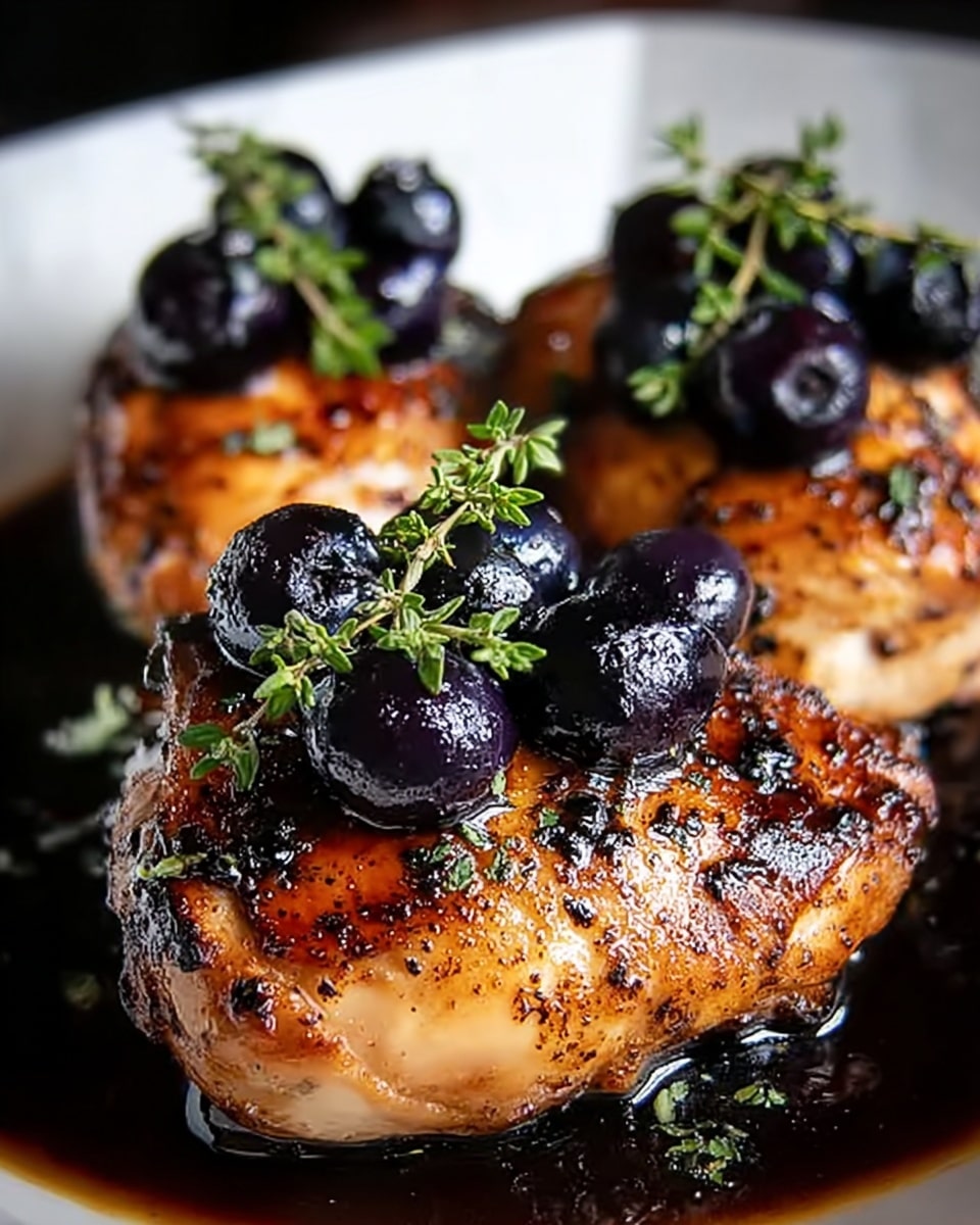 The image shows three pieces of grilled chicken with a golden brown, slightly charred surface. Each piece has a shiny glaze of dark sauce and is topped with several glossy, deep purple blueberries and a small sprig of fresh green herb, likely thyme. The chicken pieces sit in a pool of thick, dark sauce on a white plate with a white marbled texture in the background. The lighting highlights the glossy textures and the colorful contrast between the blueberries, herbs, and chicken. photo taken with an iphone --ar 4:5 --v 7