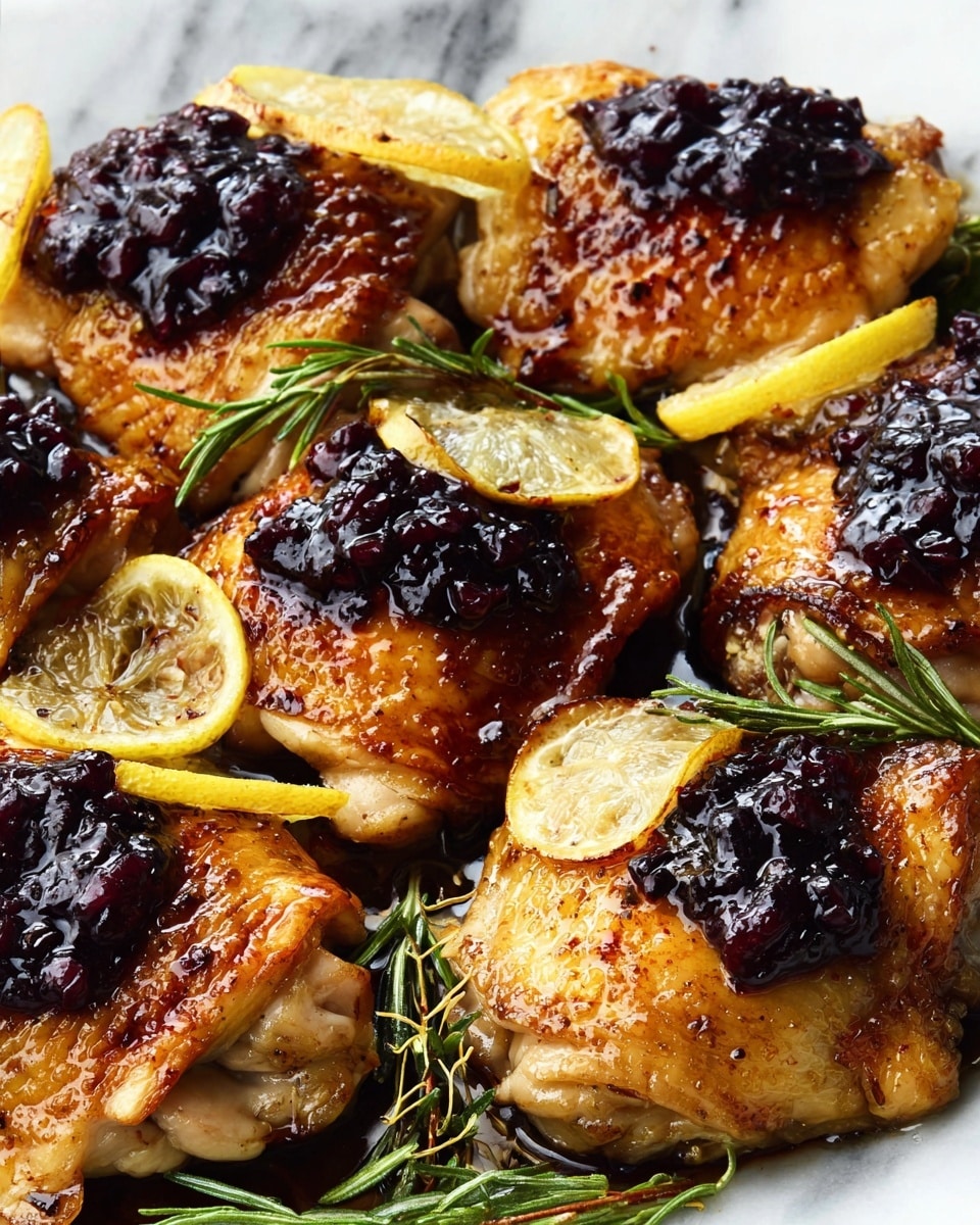 The image shows several golden-brown cooked chicken thighs arranged closely together on a white plate, each topped with a thick, dark purple sauce that looks like berry jam. Between the chicken thighs, there are thin, curved slices of light yellow lemon, some slightly caramelized. Sprigs of fresh green rosemary are scattered on and around the chicken, adding a touch of color and texture. The chicken skin looks crispy with a shiny, slightly oily surface, and the sauce on top has a glossy, chunky texture. The background is a white marbled texture. photo taken with an iphone --ar 4:5 --v 7