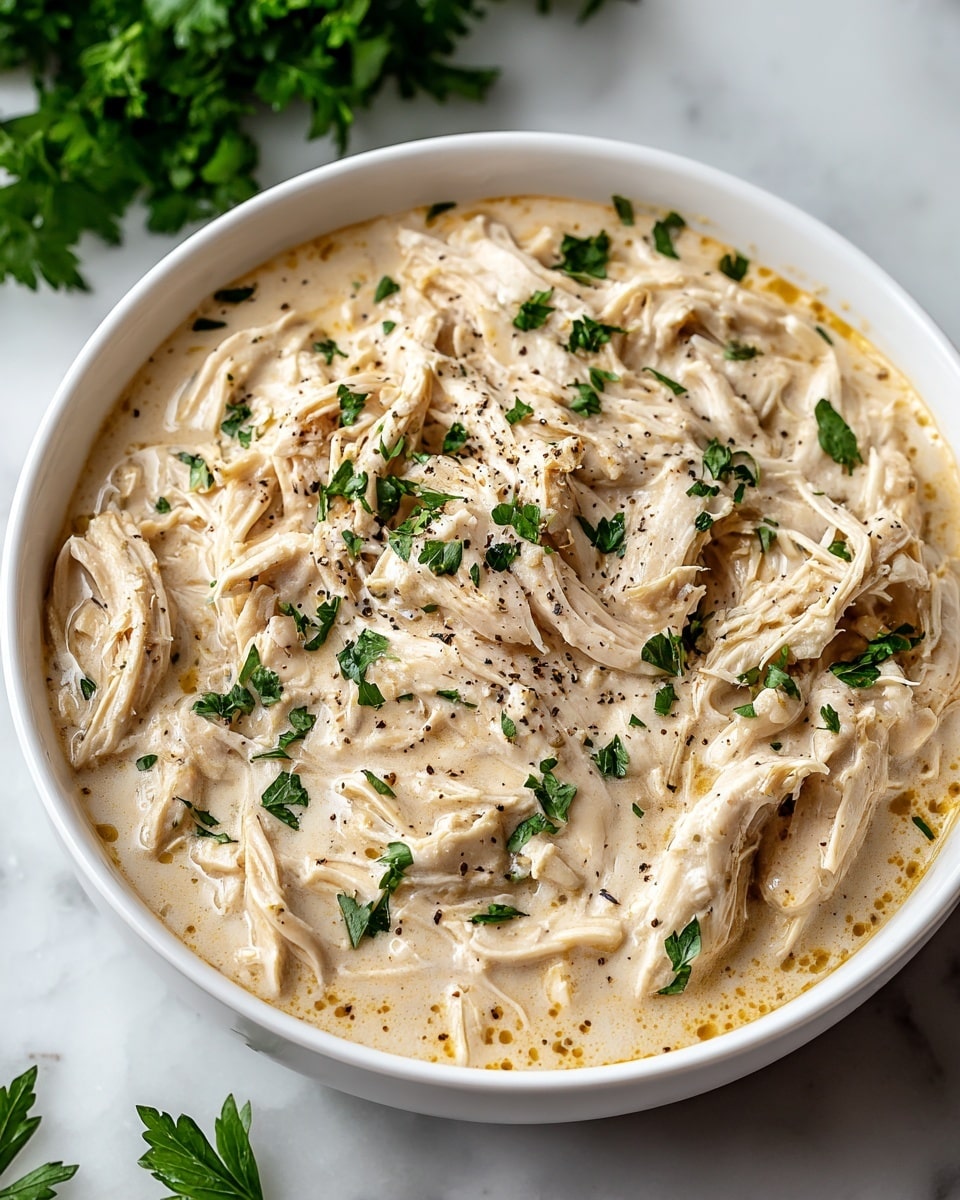 The image shows a white bowl filled with creamy shredded chicken in a thick, light beige sauce. The chicken pieces are tender and mixed smoothly with the sauce, creating a uniform layer that covers the entire bowl. On top, there are small chopped green parsley leaves scattered evenly, along with a sprinkle of ground black pepper adding texture and color contrast. The bowl sits on a white marbled surface, and in the background, some fresh green parsley leaves are slightly blurred. photo taken with an iphone --ar 4:5 --v 7