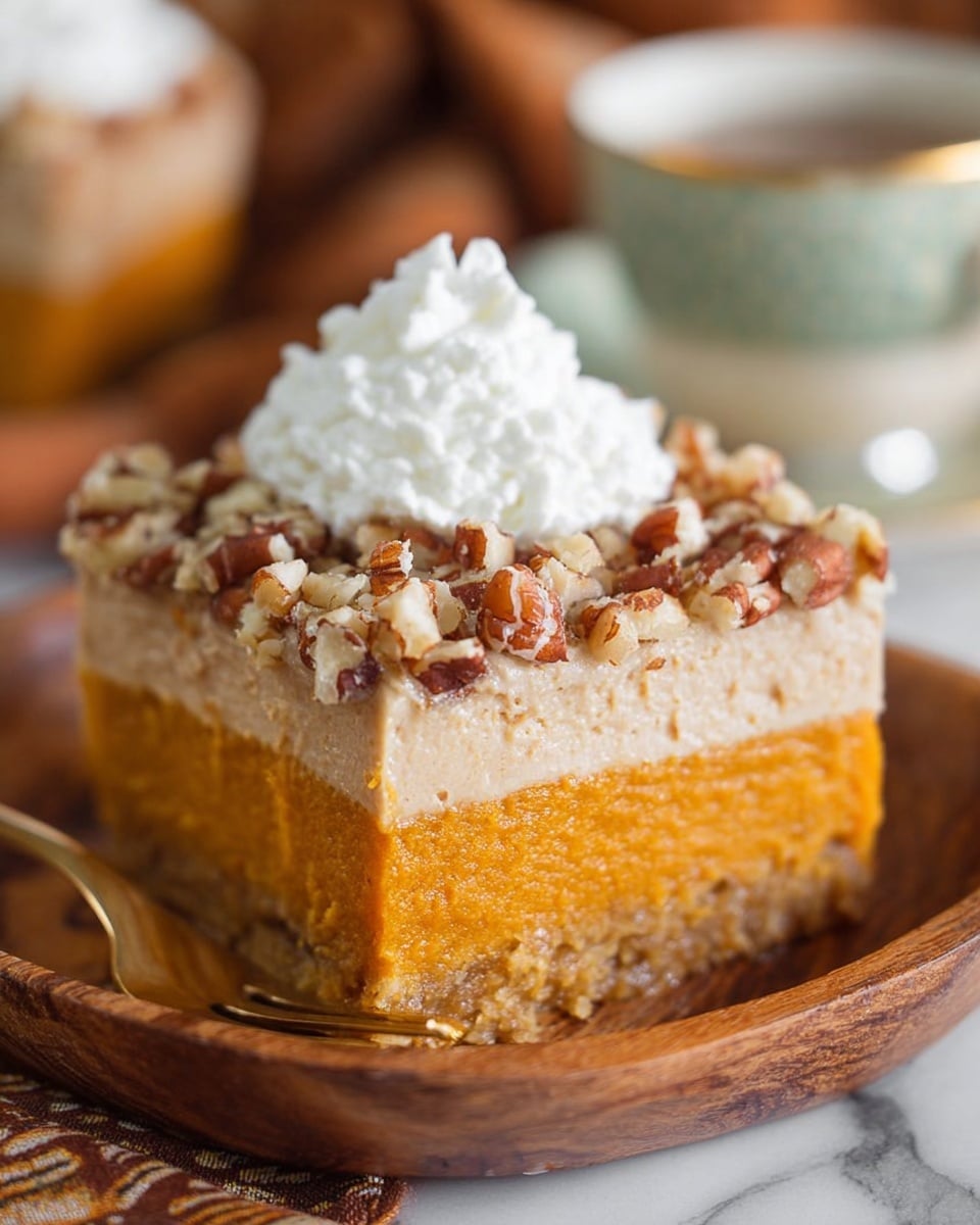 A close-up image of a three-layer dessert slice on a wooden plate showing a thick orange base layer with a smooth, slightly textured surface, topped by a creamy light brown middle layer with a soft texture, and finished with a crunchy layer of chopped nuts in brown and off-white colors. A dollop of white whipped cream sits on top. The background features a cup and saucer on a white marbled surface. Photo taken with an iphone --ar 4:5 --v 7