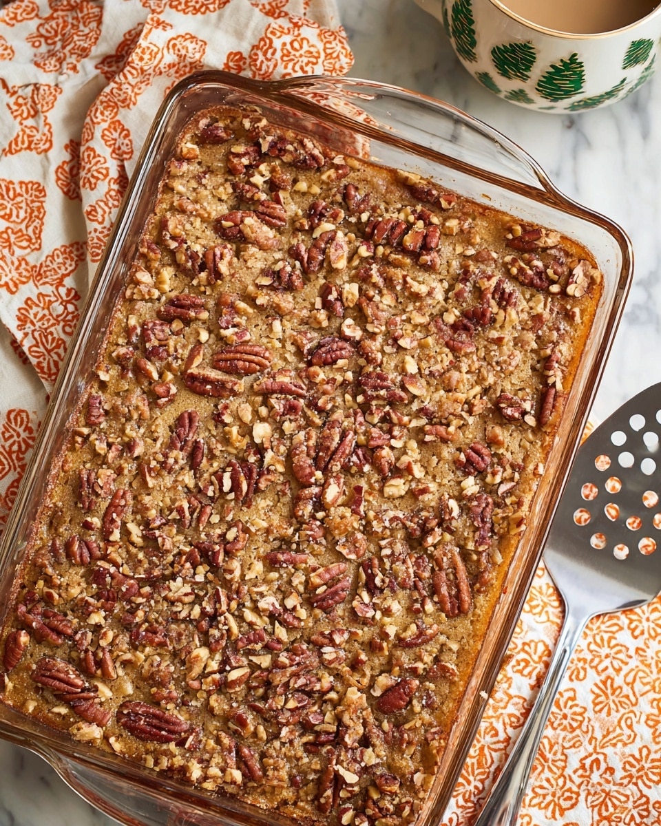 The image shows a close-up of a baked dessert in a clear glass rectangular dish with handles on both sides. The dish is filled with a golden-brown baked layer, covered generously with chopped pecans, giving the surface a rough, textured look with small shades of red and brown from the nuts. The dish sits on a white marbled surface with a white cloth that has an orange circular pattern. A silver serving spatula with cut-out details rests to the side, and part of a white cup with green pinecone designs and a light brown foam drink is visible near the top right corner. Photo taken with an iphone --ar 4:5 --v 7