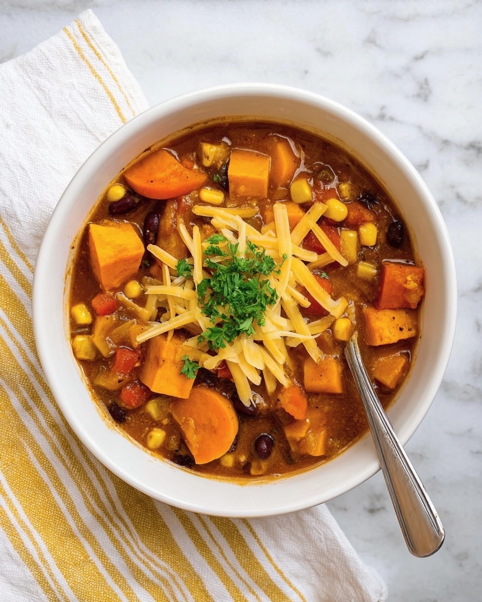 The image shows a white bowl filled with a thick stew made of three main layers visible on the surface: large pieces of orange sweet potato chunks, round slices of orange carrots, and yellow corn kernels mixed in a brown broth with some black beans scattered throughout. On top of the stew, there are shredded pieces of yellow and white cheese and a small bunch of green parsley leaves placed in the center. A silver spoon rests inside the bowl on the right edge, partially submerged in the stew. The bowl is set on a white marbled surface with a white cloth that has yellow stripes on the right side. Photo taken with an iphone --ar 4:5 --v 7