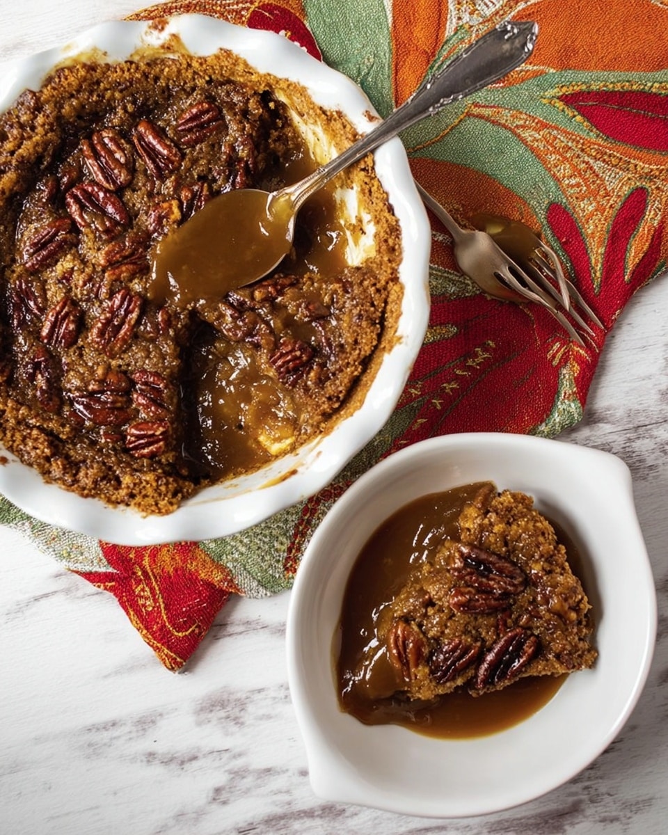 A round white dish holds a baked dessert with a top layer of golden brown, slightly cracked crust sprinkled with toasted pecans, revealing a thick, gooey dark brown sauce underneath where a slice has been cut out; next to it, a white shallow bowl contains a portion of the same dessert showing the crunchy top and flowing sauce pooling around it, all placed on a white marbled surface with a colorful cloth featuring red, green, and orange patterns beside the dish, and a fork with more sauce on the tip resting nearby; photo taken with an iphone --ar 4:5 --v 7