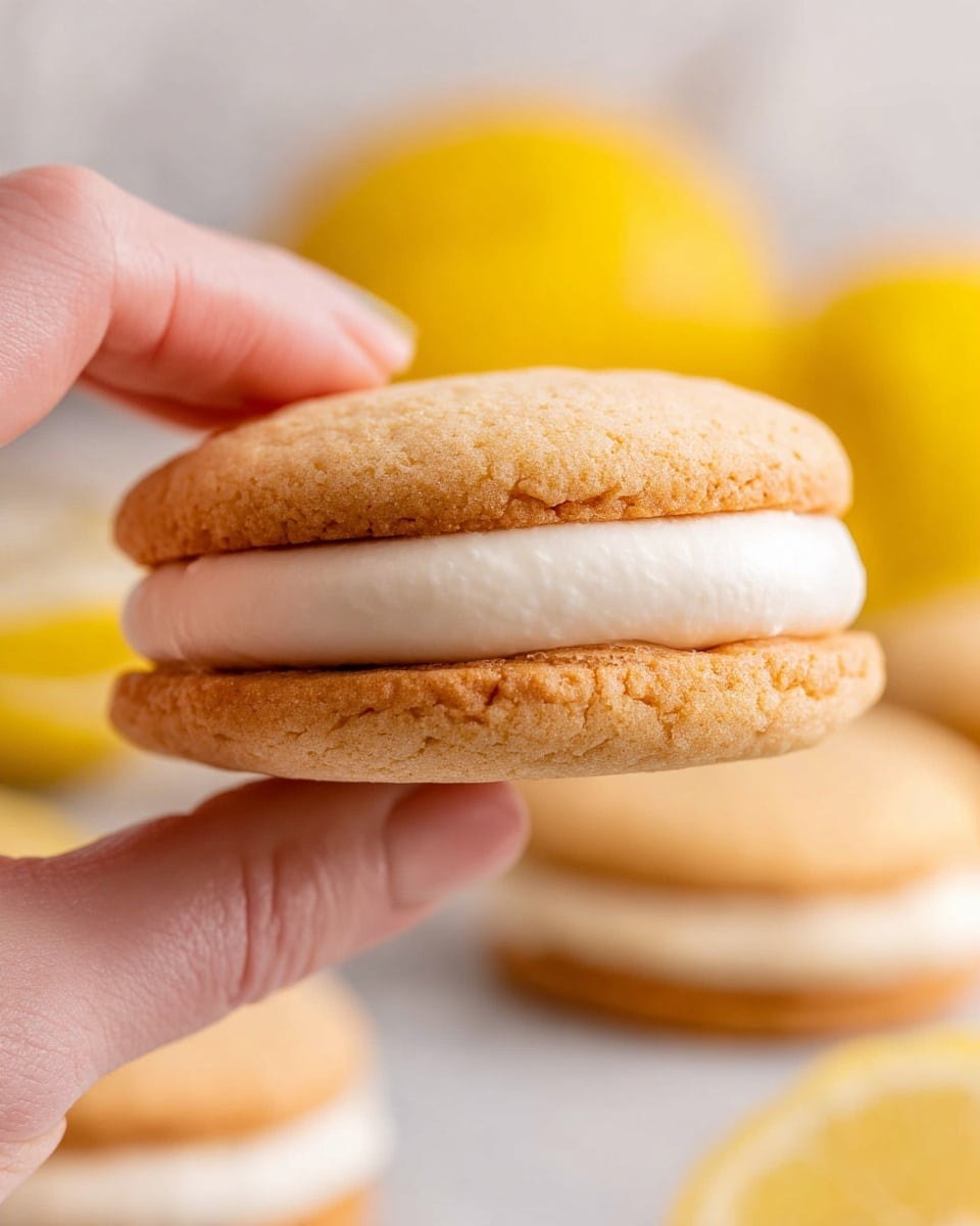 A close-up image of a sandwich cookie being held by a woman's hand, showing two light golden brown cookies with a soft, slightly cracked texture on the top and bottom layers, and a thick, smooth white cream filling sandwiched evenly in the middle. In the background, there are blurred whole cookies and yellow lemon halves resting on a white marbled surface. The scene is bright and soft, highlighting the cookie's delicate crumb and creamy filling. photo taken with an iphone --ar 4:5 --v 7