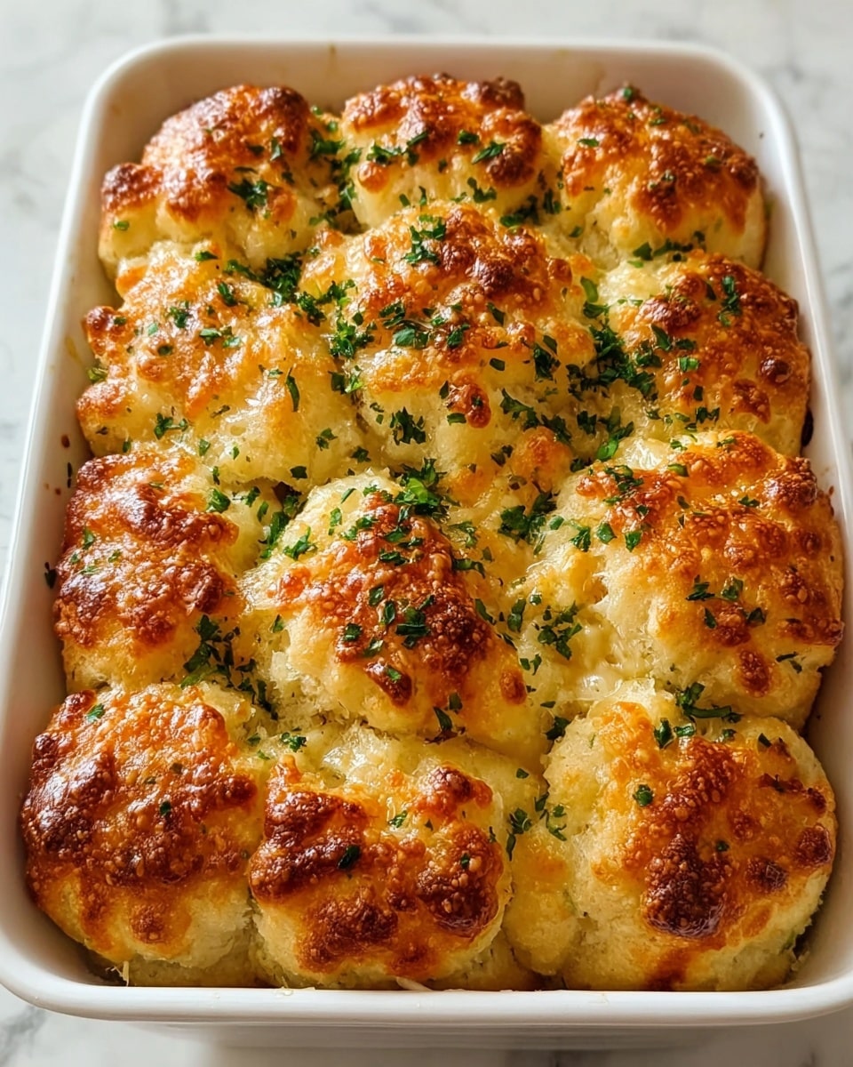 A white rectangular dish filled with freshly baked cheese bread rolls arranged in a grid of three by four. Each roll has a golden-brown top with a crispy, slightly uneven texture and melted cheese visible, giving a rich, appetizing look. The cheese is bubbly and browned in spots, creating a crunchy appearance on top. Finely chopped green herbs are sprinkled evenly over the bread, adding a fresh contrast to the golden color. The dish sits on a white marbled surface, enhancing the warm colors of the bread and herbs. Photo taken with an iphone --ar 4:5 --v 7