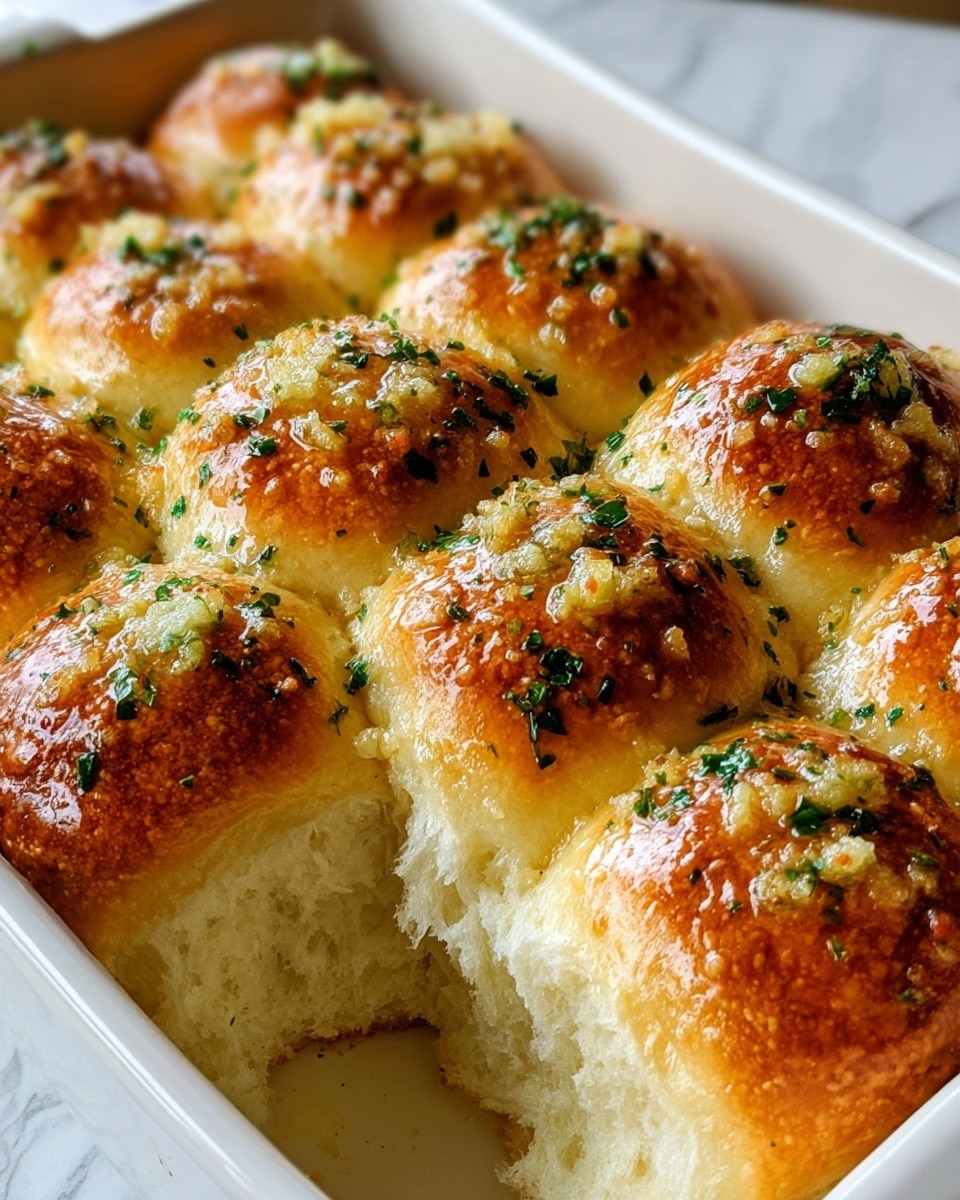 This image shows a white ceramic baking dish filled with twelve golden brown dinner rolls arranged in three rows of four. Each roll has a shiny, toasted crust with a slightly rough texture from melted butter and bits of garlic on top. There are small pieces of chopped green herbs scattered over the rolls, adding a fresh look. One roll in the front left corner is pulled out slightly, revealing the soft, fluffy, white inside. The dish sits on a white marbled surface. photo taken with an iphone --ar 4:5 --v 7