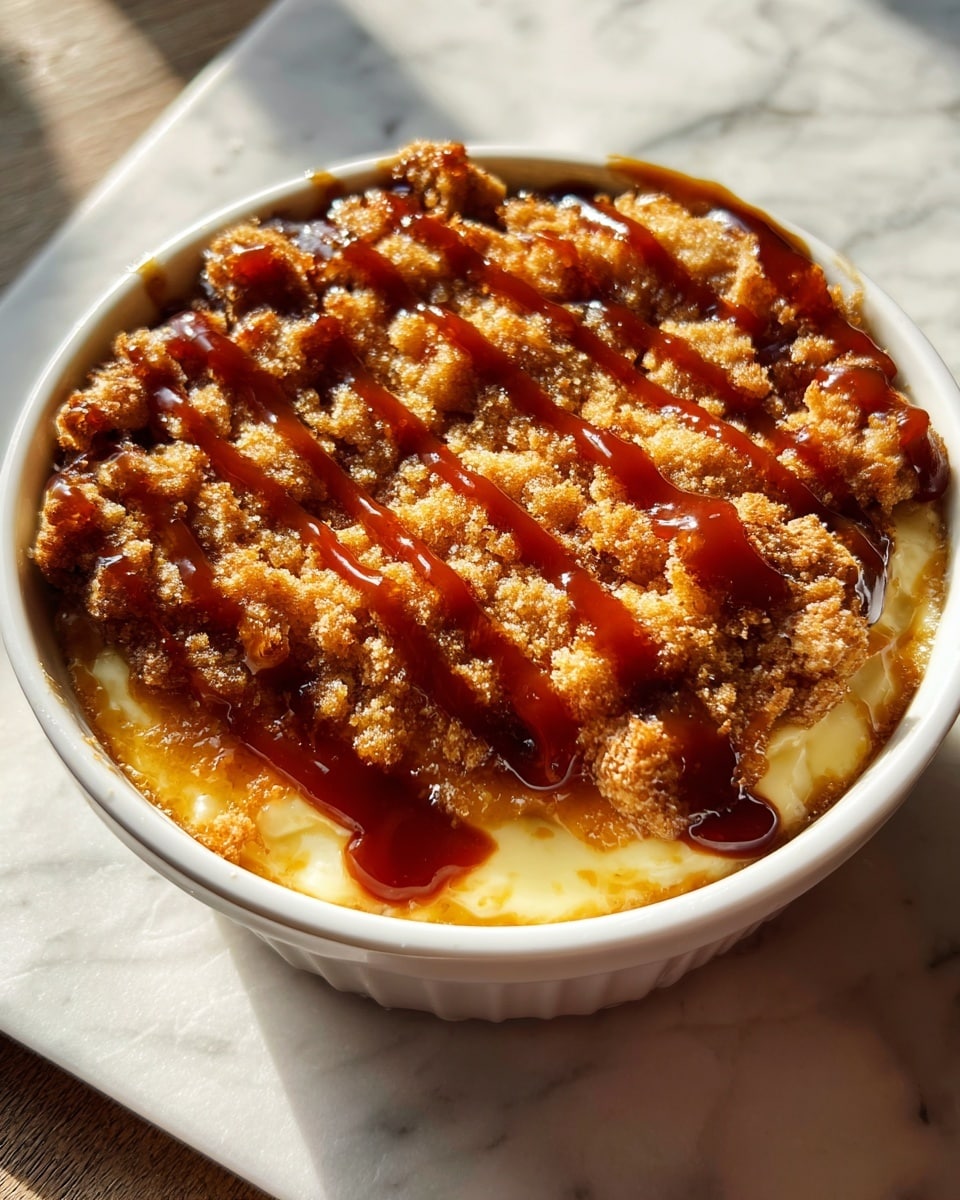 A white round bowl holds a dessert with three visible layers: the bottom layer is a gooey, light yellow filling with a slightly chunky texture, the middle layer is a thick, crumbly golden-brown topping with a rough, crunchy texture, and the top layer is drizzled with shiny, dark reddish-brown sauce in even lines across the surface. The bowl is on a white marbled surface with soft natural light enhancing the warm colors of the dessert. Photo taken with an iphone --ar 4:5 --v 7