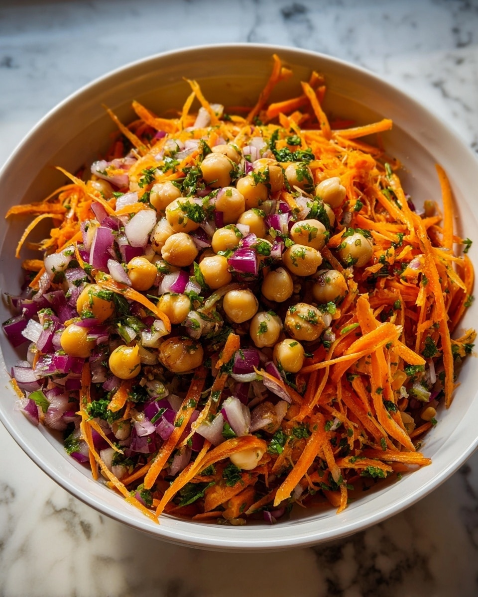 A white bowl filled with a colorful salad that has three main layers visible: the bottom layer is mostly shredded bright orange carrots, the middle layer contains whole round light beige chickpeas, and mixed throughout are small diced pieces of purple-red onion and chopped green herbs. The salad looks fresh with vibrant colors and has a slightly coarse, textured look with a mix of long thin carrot strips and round chickpeas on top. The bowl is round and sits on a white marbled surface. photo taken with an iphone --ar 4:5 --v 7