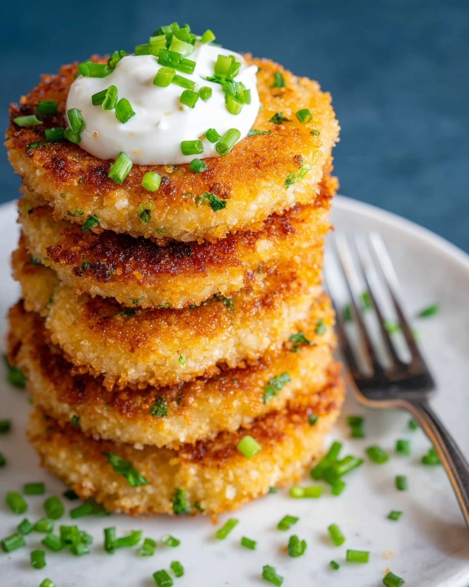 A stack of five golden brown, crispy patties with a coarse, crunchy texture and small green herb flecks is arranged in the center of a white plate. On top of the stack is a dollop of smooth, white cream, garnished with small pieces of bright green chopped chives. More chopped chives are scattered around the base of the patties on the plate. A silver fork rests near the stack on the right side. The plate sits on a surface with a white marbled texture. photo taken with an iphone --ar 4:5 --v 7