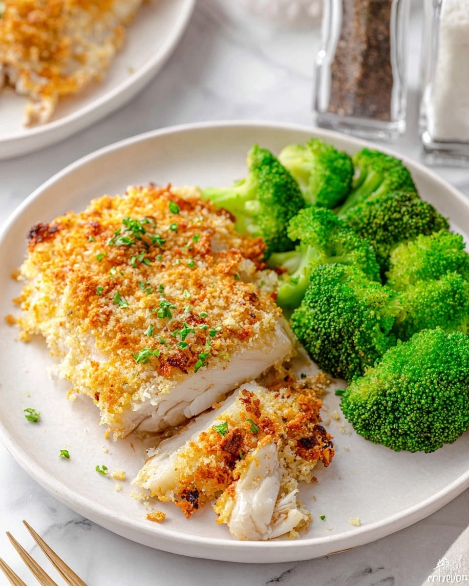 A white plate holds two pieces of breaded chicken with a golden-brown crispy layer on top, sprinkled with small green herb pieces. Next to the chicken, there is a pile of bright green broccoli florets with a slightly roasted texture and small bits of seasoning. A black fork rests on the edge of the plate, partially under the broccoli. The plate is set on a white marbled surface with a salt and pepper shaker and a bowl of cauliflower in the background, all softly out of focus. photo taken with an iphone --ar 4:5 --v 7