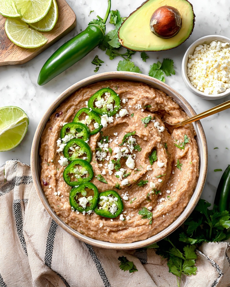 A shallow round bowl with a creamy, light brown refried bean spread that has a slightly chunky texture and swirl marks on the surface. On top, there are thin, fresh green jalapeño slices scattered along with small green cilantro leaves and crumbled white cheese. A gold spoon rests on the right inside edge of the bowl. Around the bowl are two avocado halves, one with a brown seed, some lime wedges in a white bowl on a light wood board, a small bowl of finely crumbled white cheese, and two whole ripe green jalapeño peppers. The setting is on a white marbled countertop with a beige cloth with dark stripes under the bowl. photo taken with an iphone --ar 4:5 --v 7