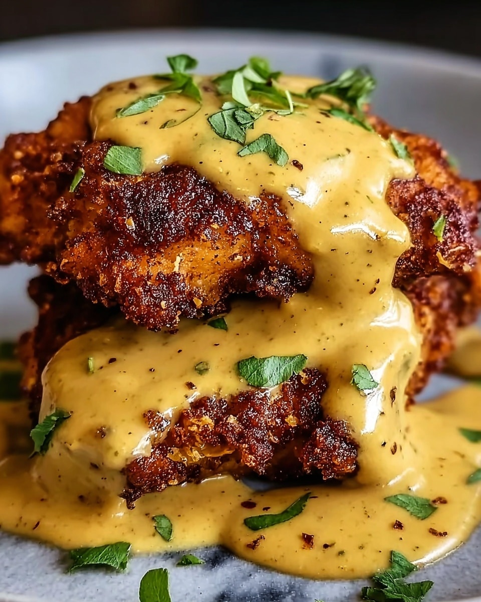 The image shows two pieces of crispy fried chicken stacked on a white plate with a dark inner surface, covered in a thick, creamy yellow sauce that drips down the sides. The chicken has a golden-brown, crunchy texture with a few darker spots. The sauce has a smooth texture with small dark specks, possibly pepper, and fresh green herbs sprinkled on top and around the chicken. The plate rests on a white marbled surface. photo taken with an iphone --ar 4:5 --v 7
