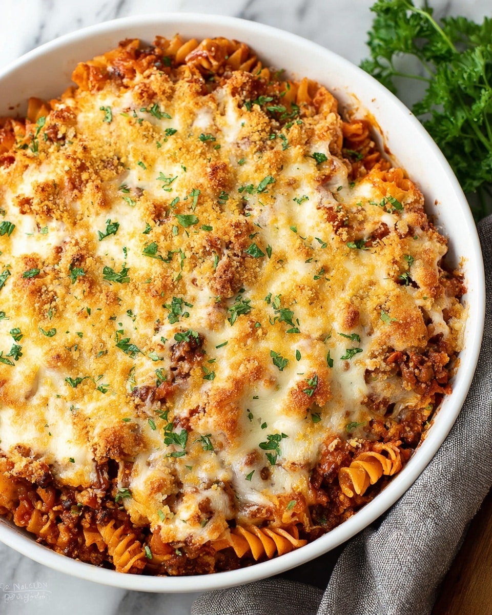 A white round dish filled with baked pasta showing three visible layers: the bottom layer is cooked orange-red pasta with ridges, the middle layer is a rich brown meat sauce evenly spread, and the top layer is creamy melted cheese browned in spots with some golden toasted breadcrumbs sprinkled over; small chopped green herbs are scattered on top adding a fresh touch. The dish is placed on a white marbled surface with a gray cloth and green parsley leaves partially visible on the side. photo taken with an iphone --ar 4:5 --v 7