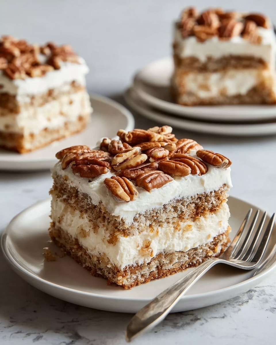 The image shows a square piece of layered dessert on a white plate. The bottom layer is a light beige cake base with a soft crumb texture. On top of this is a thick, smooth white cream layer, followed by a tall, fluffy white whipped cream layer with a slightly uneven, soft texture. The top is decorated with light brown pecan halves and slivered almonds, adding a crunchy look. The plate rests on a white marbled texture surface. Photo taken with an iphone --ar 4:5 --v 7