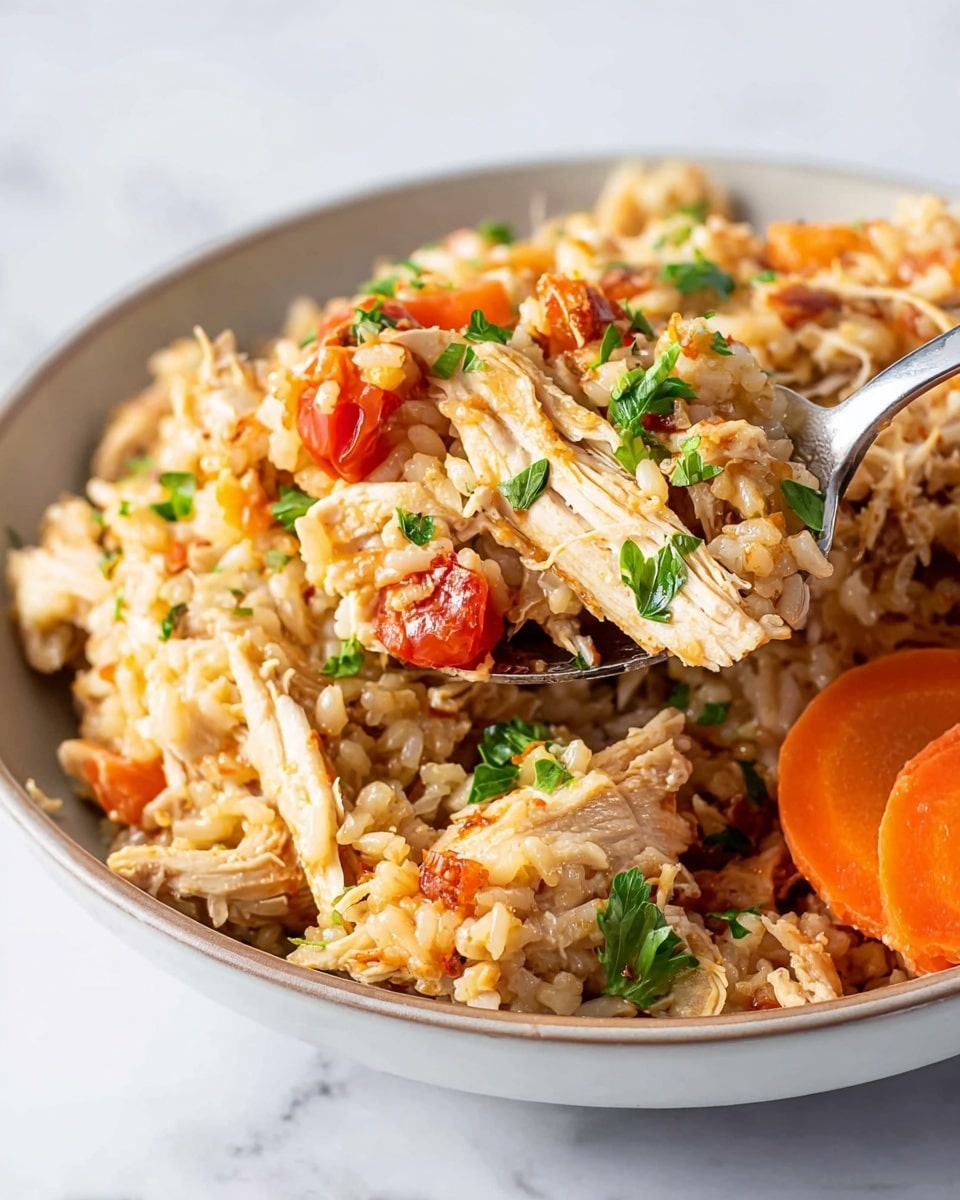 A close-up of a white bowl filled with a mixed dish showing three main layers: the base is soft, cooked rice with a light brown color; mixed within are shredded pieces of light beige chicken scattered evenly; on top, bright orange carrot slices and small red tomato pieces add a pop of color, along with chopped green herbs sprinkled throughout for freshness. A spoon is holding a scoop showing the rice and chicken clearly, along with a whole carrot slice on the side. The bowl sits on a white marbled surface. photo taken with an iphone --ar 4:5 --v 7