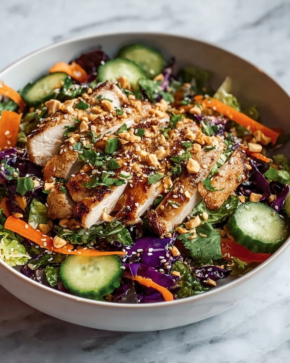A white bowl filled with a colorful salad layered from the bottom up starting with a mix of green leafy vegetables and purple cabbage, followed by thin orange carrot slices scattered throughout. On top are thick slices of grilled chicken breast with light brown grill marks, sprinkled generously with chopped green herbs and crushed peanuts. Thin cucumber slices with a dark green skin are placed along the sides, and the whole salad is finished with small white and black sesame seeds scattered over it, creating a fresh and vibrant look. The bowl sits on a white marbled surface. photo taken with an iphone --ar 4:5 --v 7