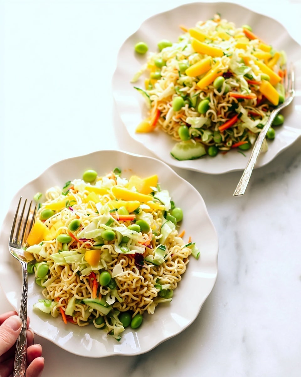 Two white scalloped plates filled with a colorful noodle salad sit on a white marbled surface. Each plate has a base layer of crunchy, yellowish instant ramen noodles, topped with a mix of fresh vegetables. There are bright yellow mango slices, light green edamame beans, thinly shredded white cabbage, small pieces of fresh green cucumber, and thin orange carrot strips scattered throughout. Bright green chopped scallions are mixed in, adding a fresh touch. Two forks rest on the front plate, one held by a woman's hand on the far left side of the image. The overall look is fresh, vibrant, and textured with natural light highlighting the different layers. photo taken with an iphone --ar 4:5 --v 7