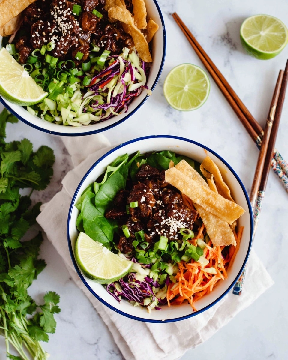 Two white bowls with blue rims sit on a white marbled surface. Each bowl has four layers: the bottom layer is a mix of chopped green and purple cabbage and shredded carrots, the middle layer is dark brown cooked meat topped with white sesame seeds, the next layer is crispy golden strips placed on one side, and a wedge of lime rests inside each bowl. Bright green herbs and chopped spring onions are scattered on top. Nearby, a pair of brown chopsticks, fresh cilantro, and lime wedges add to the setting. Photo taken with an iphone --ar 4:5 --v 7