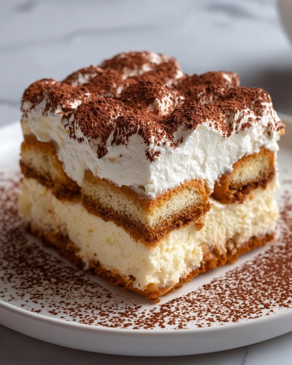 The dessert is a square piece of tiramisu with three visible layers on a white plate; the bottom layer consists of soaked ladyfinger cookies with a golden-brown texture, the middle layer is a thick cream with a pale, smooth texture, and the top has another layer of soaked ladyfinger cookies. Above this, there is a fluffy, white whipped cream layer generously dusted with fine, dark brown cocoa powder. The cocoa powder also lightly scatters around the dessert on the plate, and the background is a white marbled texture. photo taken with an iphone --ar 4:5 --v 7