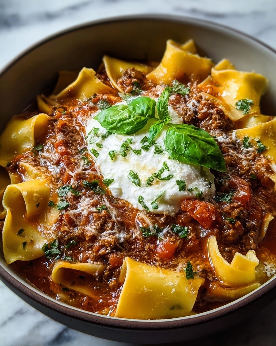 A deep bowl holds a layered dish starting with a base of soft, wide, yellow pasta noodles with ruffled edges, partly submerged in a thick, reddish-brown meat and tomato sauce with small chunks of meat and diced tomatoes. On top of the sauce is a dollop of white creamy cheese, slightly melting, crowned with a few fresh bright green basil leaves. The dish is sprinkled with finely chopped green herbs and grated cheese, adding texture and color contrast. The bowl sits on a white marbled surface. photo taken with an iphone --ar 4:5 --v 7