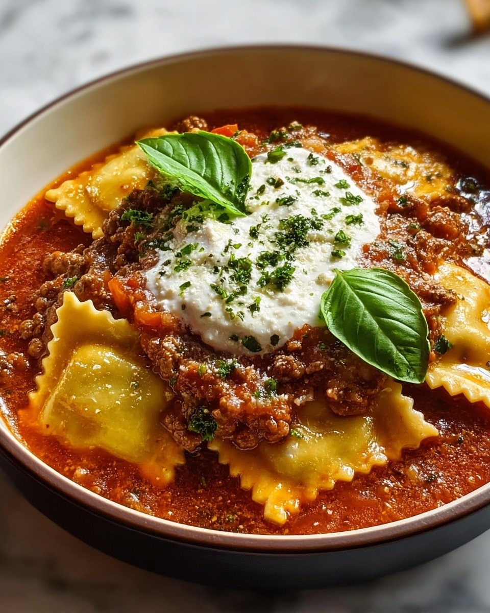 This dish shows a bowl filled with three visible layers: the bottom layer is a smooth, thick red tomato sauce mixed with small bits of cooked ground meat, giving it a textured and hearty look; on top of that are large square pieces of ravioli pasta with ruffled edges, partially submerged and coated in the sauce, showing a yellow pasta color; the final top layer is a dollop of white creamy cheese, sprinkled with green chopped herbs and topped with two bright green fresh basil leaves. The bowl is white with a dark rim, placed on a white marbled surface with soft light reflecting on the food, creating an appetizing look. photo taken with an iphone --ar 4:5 --v 7