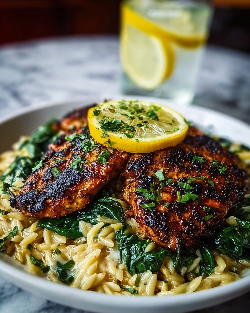 A close-up of a dish on a white plate showing two crispy, dark brown grilled chicken pieces with visible char marks, sprinkled with chopped green herbs, placed on a bed of creamy orzo pasta mixed with wilted bright green spinach leaves. On top of the orzo near the chicken, there is a thin yellow lemon slice with small green herb pieces on it. The background is a white marbled surface with a glass of ice water and lemon slice slightly blurred behind the plate. photo taken with an iphone --ar 4:5 --v 7