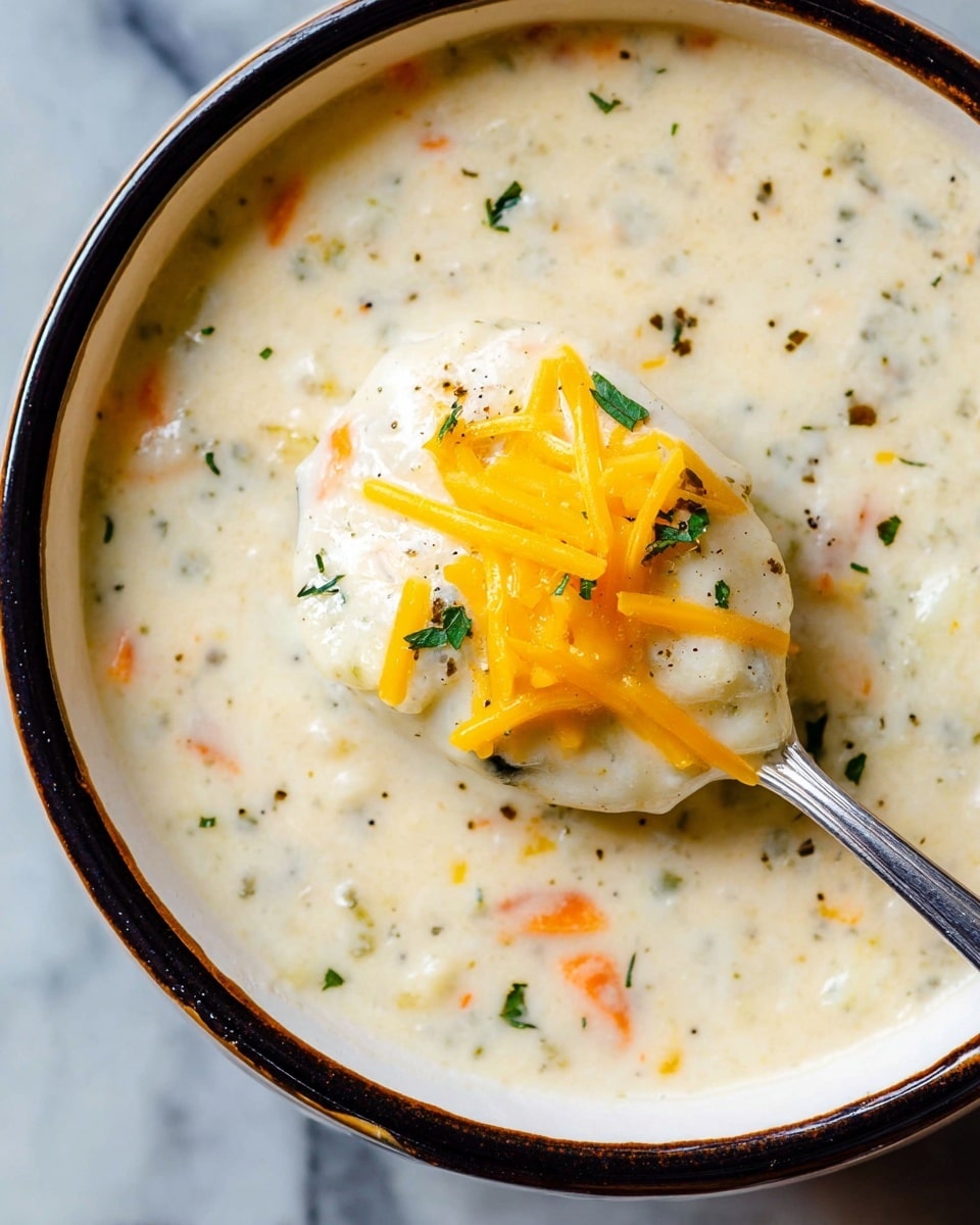 A bowl filled with thick, creamy white soup that has small bits of orange and green vegetables mixed throughout, giving it a textured look. A spoon inside the bowl holds a scoop of the soup, topped with bright yellow shredded cheddar cheese and small green herb pieces scattered on top. The bowl is white with a dark rim and sits on a white marbled surface. photo taken with an iphone --ar 4:5 --v 7