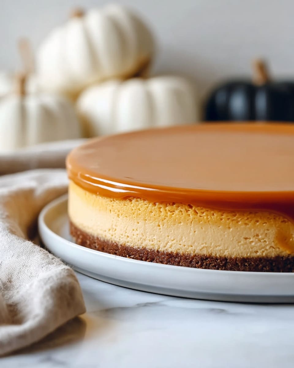 A close-up of a three-layer cheesecake on a white plate, placed on a white marbled surface with a light beige cloth nearby. The bottom layer is a dark brown crust, firm and crumbly. The middle layer is thick and light orange with a smooth, slightly textured surface. The top layer is a glossy thin caramel-colored glaze, evenly spread across the cake's surface. In the background, blurred white and black pumpkins create a soft fall ambiance. Photo taken with an iphone --ar 4:5 --v 7
