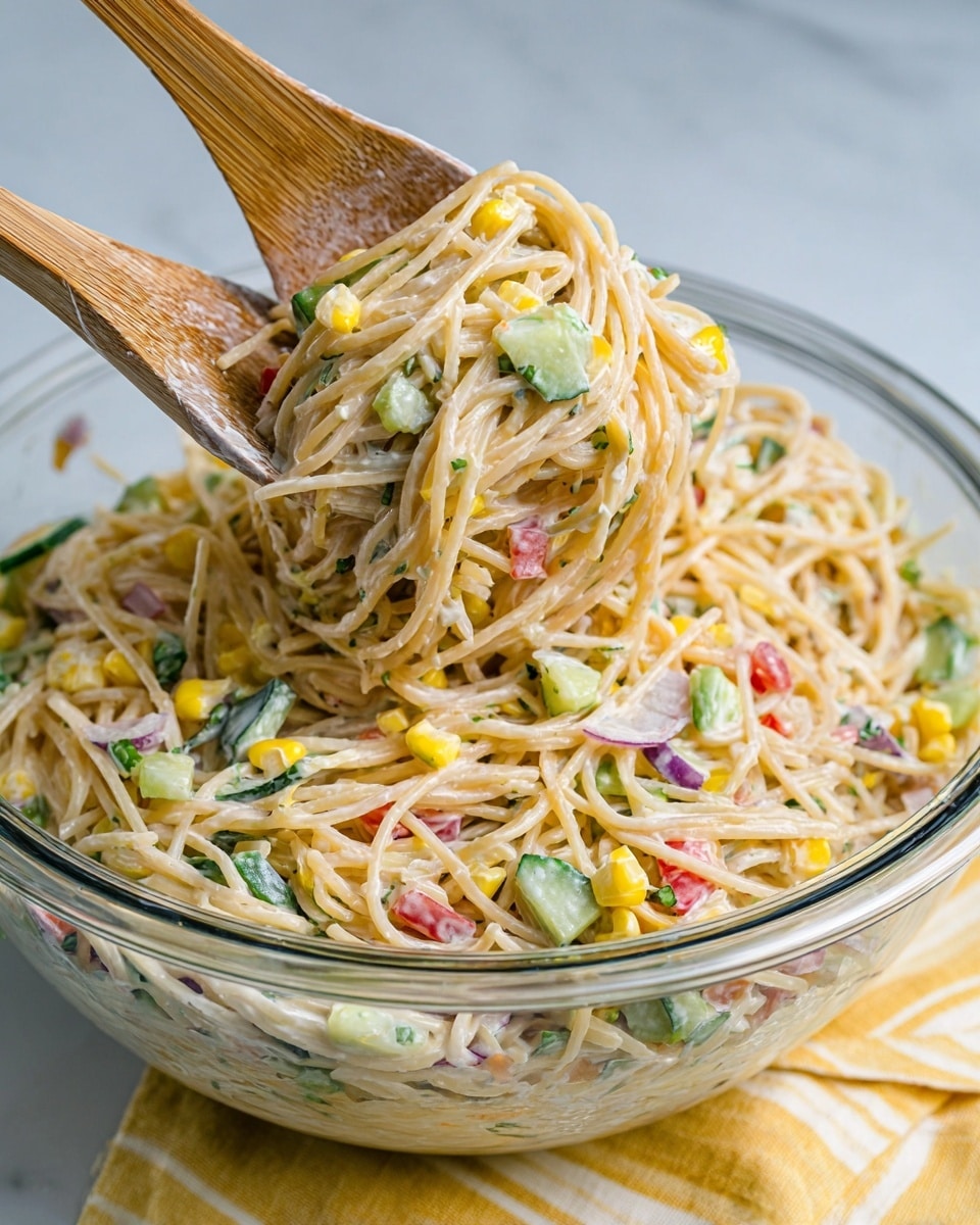 A clear glass bowl holds a creamy pasta salad made with thin spaghetti mixed with small pieces of cucumber, red bell pepper, corn, and red onion. The colors show pale yellow noodles intertwined with fresh green cucumber chunks, bright yellow corn kernels, red pepper bits, and small purple onion pieces. Two wooden utensils lift a portion of the salad, showing the pasta coated with a creamy white dressing. The bowl is placed on a white marbled surface with a yellow-striped cloth barely visible underneath, while a woman's hand is gently holding one of the wooden utensils. photo taken with an iphone --ar 4:5 --v 7