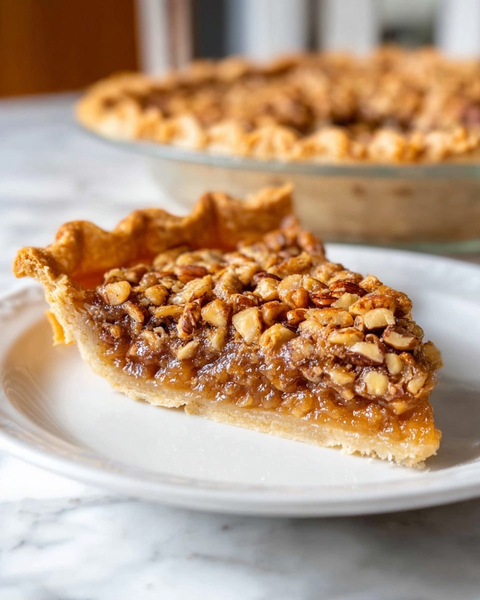 A slice of nut pie is shown on a white plate with a slightly crimped light golden brown crust wrapping around the edge. The pie slice has three clear layers: the bottom crust is firm and pale golden, the middle layer is sticky and caramel-colored with a gooey texture, and the top layer is packed with chopped nuts, mainly light brown and tan, that are slightly glossy with a sugary coating. In the background, the full pie in a clear glass dish is slightly out of focus on a white marbled surface. photo taken with an iphone --ar 4:5 --v 7