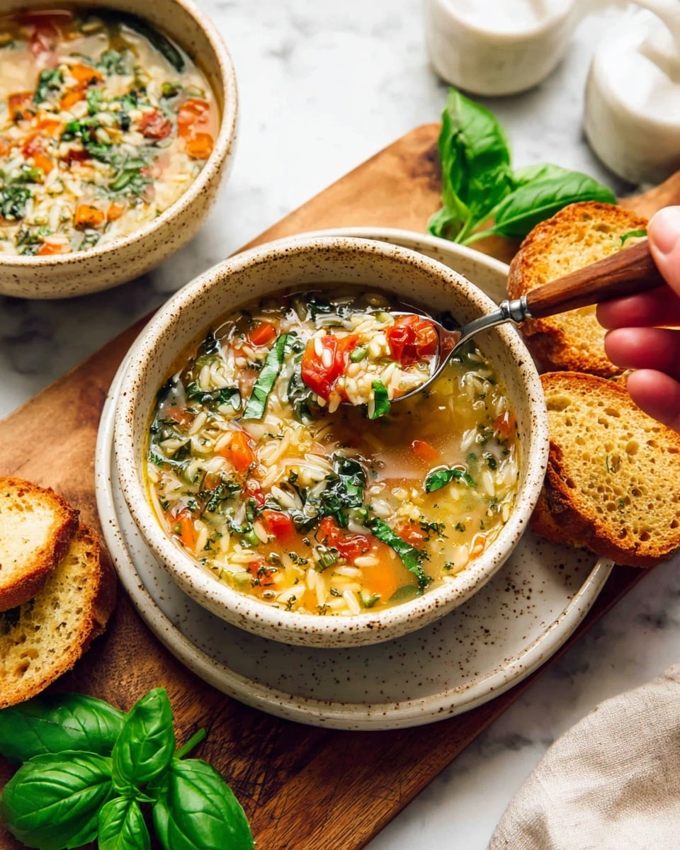 The image shows two speckled beige bowls filled with a colorful soup, placed on white plates and a wooden board, with toasted golden-brown bread slices on the side. The soup has a clear broth with visible layers including small orange carrot pieces, green leafy herbs, diced red tomatoes, and white orzo pasta, all mixed evenly throughout. A woman's hand with a wooden-handled spoon lifts a spoonful of the soup from the front bowl, highlighting the mixture of vibrant vegetables and pasta. Fresh green basil leaves sit next to the board, and the background features a soft white marbled texture and blurred white elements. photo taken with an iphone --ar 4:5 --v 7