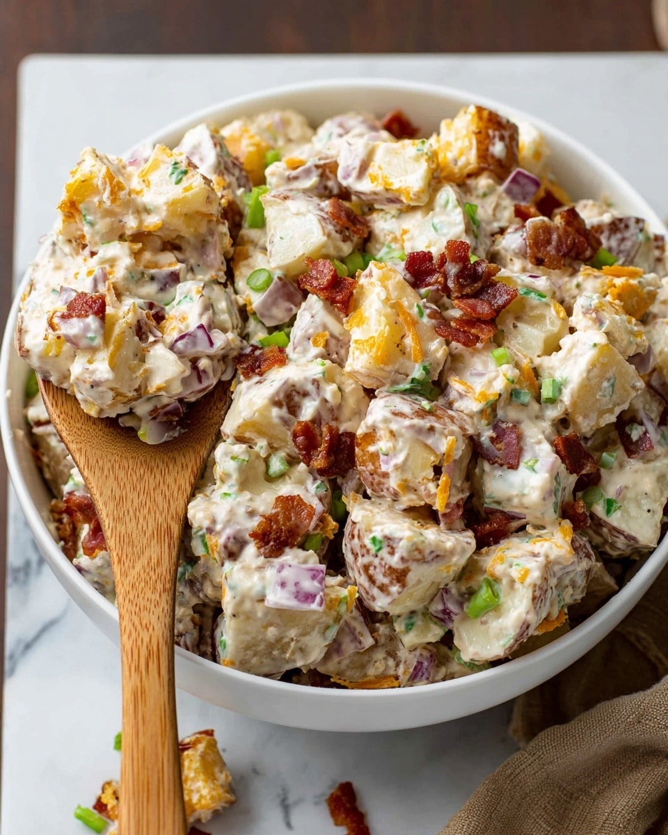 A close-up of a brown bowl filled with a creamy potato salad made of three layers of cubed potatoes with skin, some browned and some yellow, mixed with green onion pieces and thin slices of green chili. The salad is coated generously with a white creamy dressing that has tiny specks of seasoning. A silver spoon with a wooden handle is partially submerged on the right side of the bowl. The bowl sits on a white marbled texture surface with a blurred green leafy side dish in the background. photo taken with an iphone --ar 4:5 --v 7