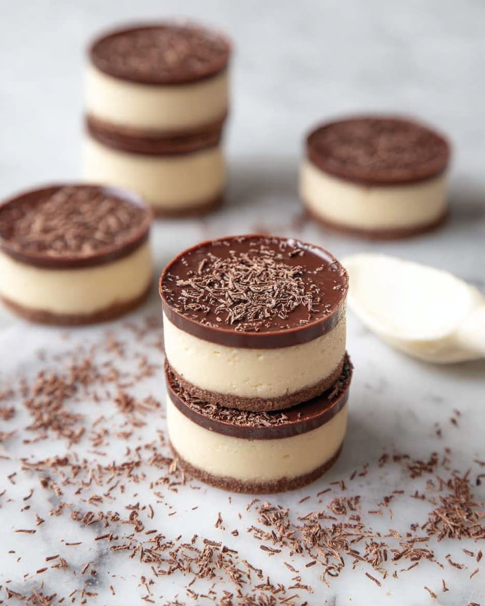 The image shows a stack of four small round desserts, each with two visible layers: a smooth, creamy pale beige bottom layer and a shiny, dark brown chocolate top layer sprinkled with fine chocolate shavings. The desserts are placed on a white marbled surface that is scattered with more chocolate shavings around them. In the background, there are two more stacks of similar desserts blurred out, each with the same two layers. A white scoop with creamy filling resting beside the stack adds to the scene. photo taken with an iphone --ar 4:5 --v 7