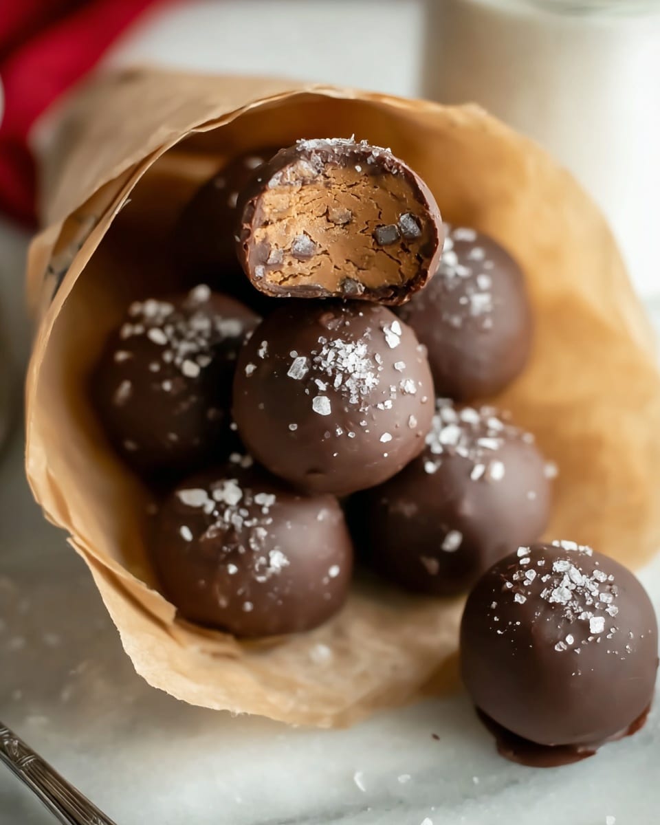A close-up view of round chocolate truffles piled inside a light brown parchment paper cone, each truffle coated in smooth dark chocolate with a sprinkle of coarse sea salt on top. The topmost truffle has a bite taken out, revealing a creamy, rich, light brown chocolate filling with small dark specks inside. The parchment cone rests on a white marbled surface with a blurred white container and metal spoon faintly visible in the background. photo taken with an iphone --ar 4:5 --v 7
