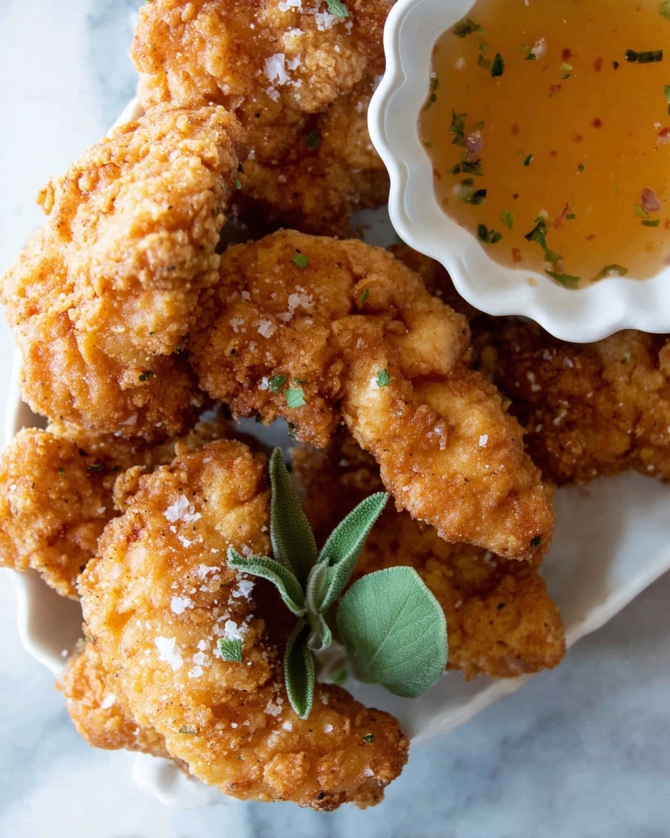 The image shows several pieces of golden brown, crispy fried chicken tenders with a rough textured coating, arranged closely around a small white scalloped bowl filled with a light orange dipping sauce speckled with herbs. One chicken tender is partially dipped in the sauce. There are a few coarse salt flakes sprinkled on the chicken and some small fresh green herb leaves placed among the tenders. The background is a white marbled surface that softly contrasts with the warm colors of the food. photo taken with an iphone --ar 4:5 --v 7