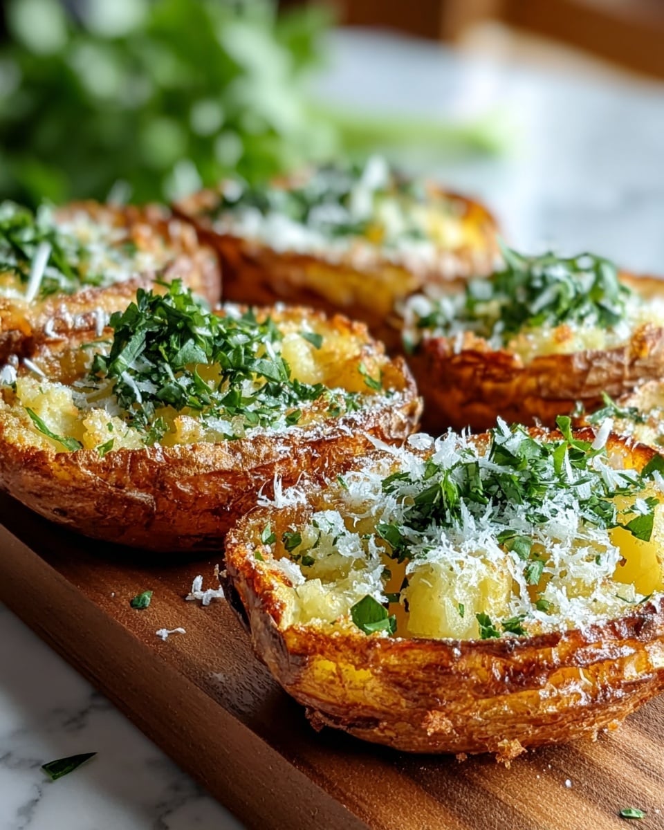 This image shows a close-up of four crispy potato skins placed side by side on a wooden board over a white marbled surface. Each potato skin has a golden-brown crispy outer layer with a rough texture, and inside is a soft, slightly mashed yellow potato layer mixed with small green herb pieces. On top of the potato filling is a generous sprinkling of fresh chopped green herbs and finely grated white cheese, creating a fresh and textured look. The background is softly blurred, making the potato skins the clear focus of the image. Photo taken with an iphone --ar 4:5 --v 7