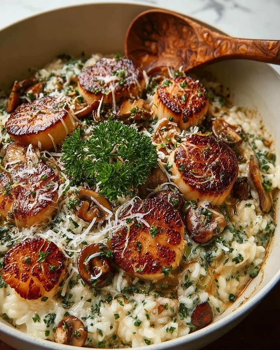 A close-up of a creamy risotto dish in a white pot, topped with several thick, browned scallops arranged on top, with smaller sautéed mushrooms scattered around. The risotto has a rich, white creamy texture mixed with green herbs throughout. Shredded white cheese is sprinkled lightly over the scallops and risotto, and a fresh green parsley sprig sits in the center. A wooden spoon is partially placed in the pot from the side. The pot is set on a white marbled surface. photo taken with an iphone --ar 4:5 --v 7