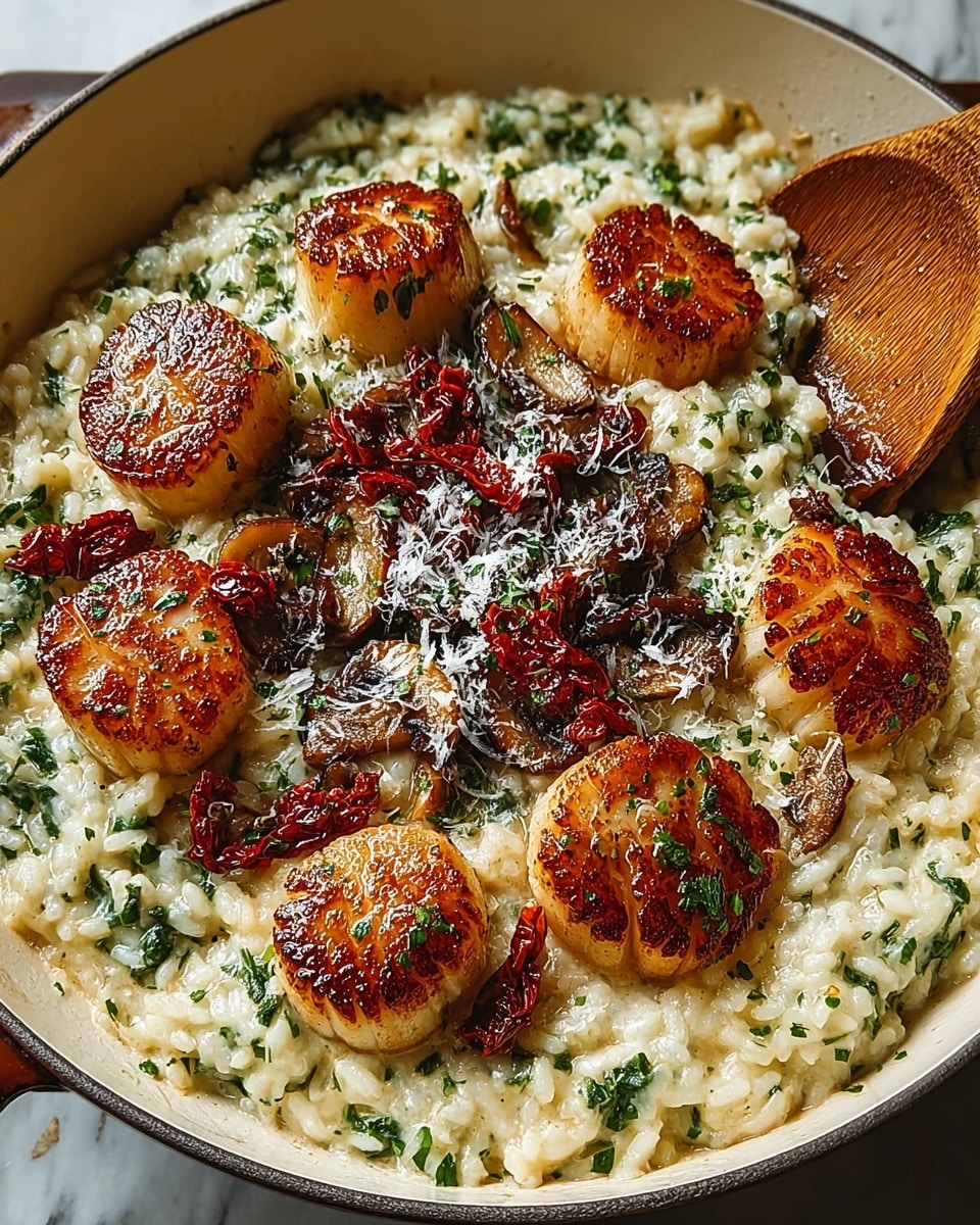 A creamy risotto base fills the white pan, speckled with finely chopped green herbs throughout, giving a fresh and textured look. On top sit six seared scallops arranged in a circular pattern, their golden-brown crust crisp and inviting. Around and between the scallops are glossy, richly browned mushroom slices. Thin strips of deep red sun-dried tomatoes add color contrast, scattered mainly in the center. The dish is finished with a light dusting of grated white cheese that melts slightly into the warm risotto. A wooden spoon rests inside the pan on the right side. The pan sits on a white marbled surface. photo taken with an iphone --ar 4:5 --v 7