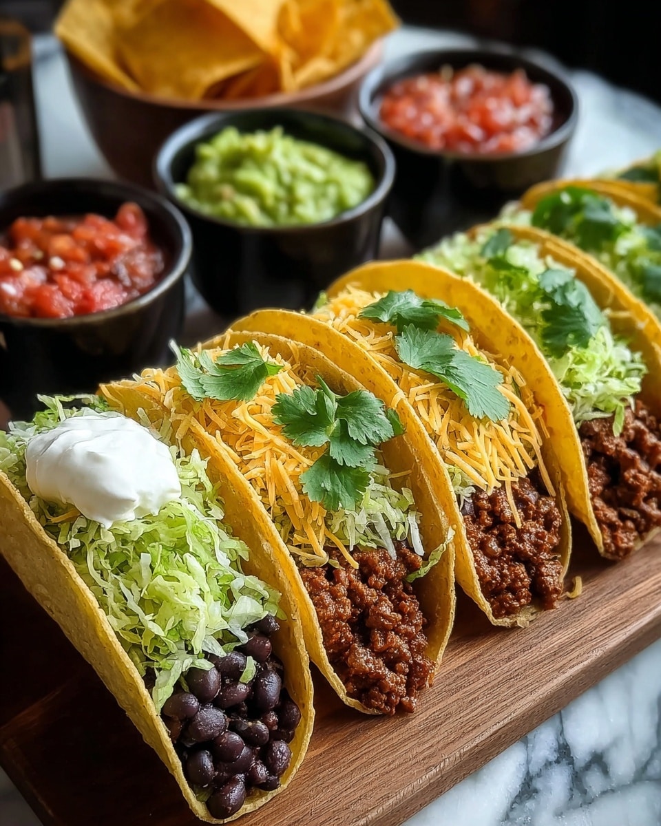 A row of six hard shell tacos placed side by side on a wooden board, each taco containing three visible layers from bottom to top: the first with either black beans or dark brown seasoned meat, the second with shredded pale green lettuce, and the third with a sprinkle of shredded yellow cheese, all topped with fresh green cilantro leaves; the first taco has an extra dollop of white sour cream on the beans. In the background, three small black bowls hold bright green guacamole, red salsa, and golden tortilla chips, all set against a white marbled surface. Photo taken with an iphone --ar 4:5 --v 7