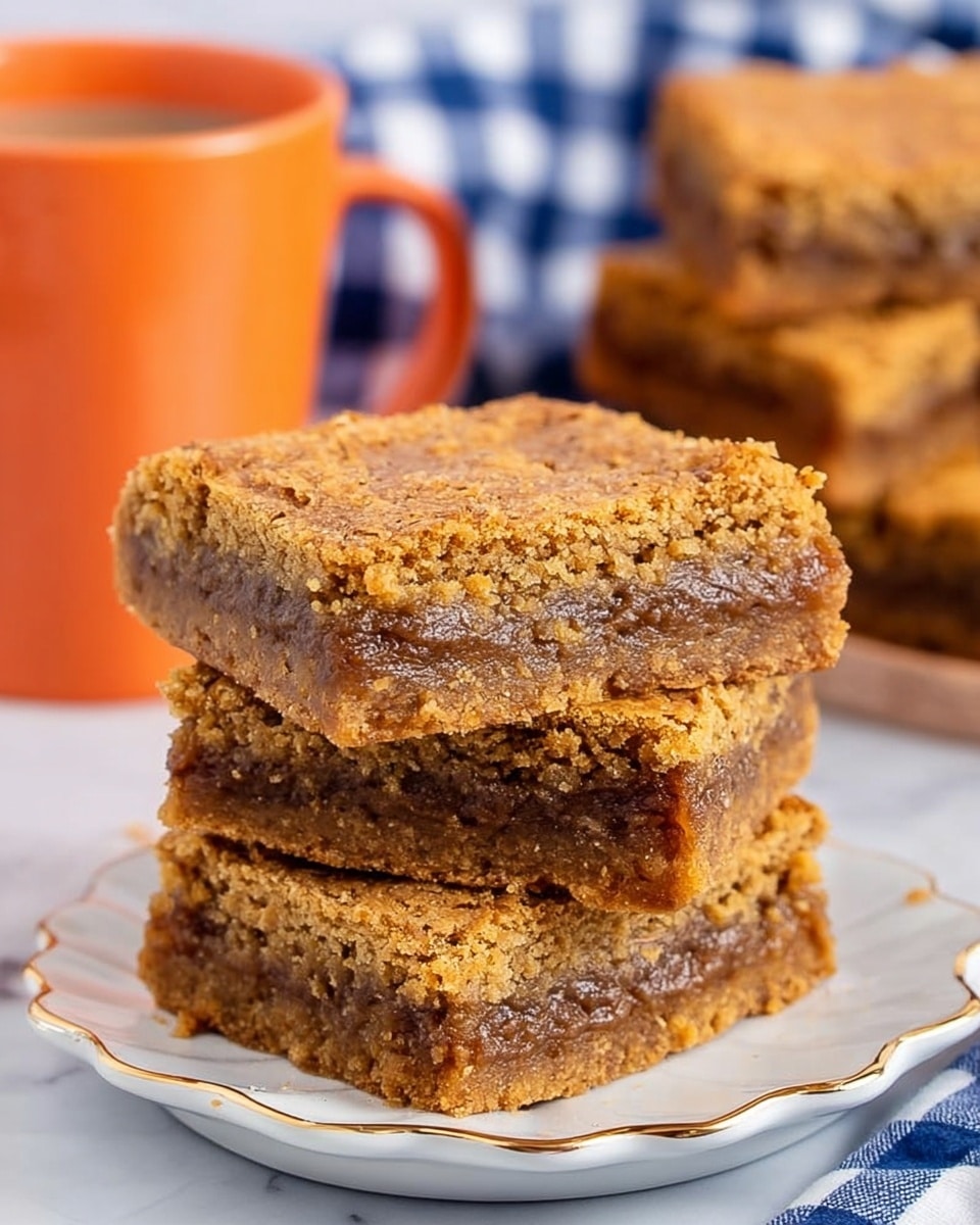 The image shows a stack of three thick, square blondies placed on a shiny white plate with a wavy edge. Each blondie has two visible layers: a dense, crumbly golden-brown top and bottom layer with a slightly rough texture, and a darker, gooey middle layer that looks moist and rich. The edges of the blondies are slightly cracked and crumbly. In the background, there is an orange cup and another stack of blondies on a white marbled surface with a blue and white checkered cloth partially visible. Photo taken with an iphone --ar 4:5 --v 7