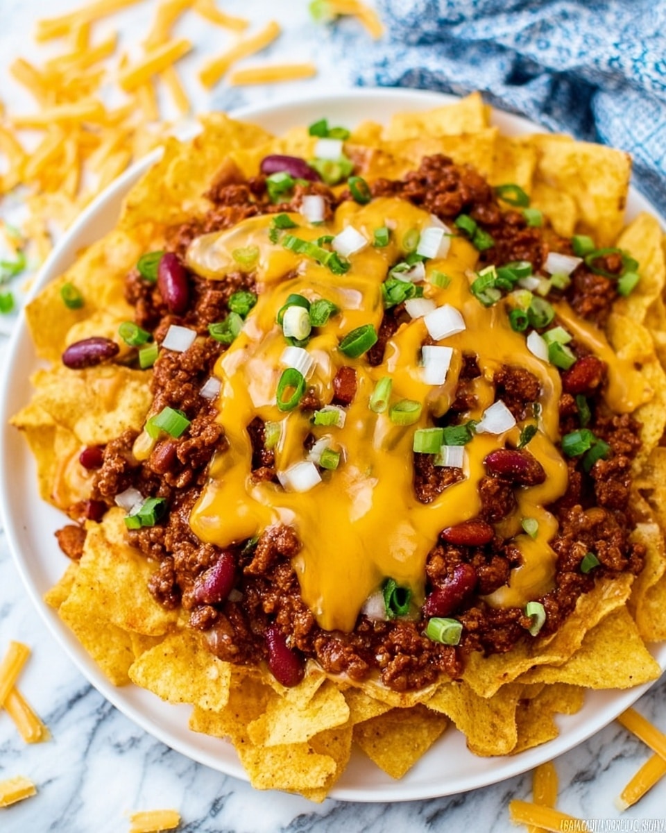 A white plate holds a single layer of yellow corn chips spread across the bottom. On top, there is a thick, chunky layer of dark brown cooked ground beef mixed with red kidney beans in a sauce, covering most of the chips. Over the beef and beans is a smooth, golden yellow layer of melted cheese sauce that drapes unevenly down the sides. Scattered on top are small pieces of white chopped onions and bright green sliced scallions, adding fresh color contrast. The plate is set on a white marbled surface with some shredded cheese visible nearby. Photo taken with an iphone --ar 4:5 --v 7